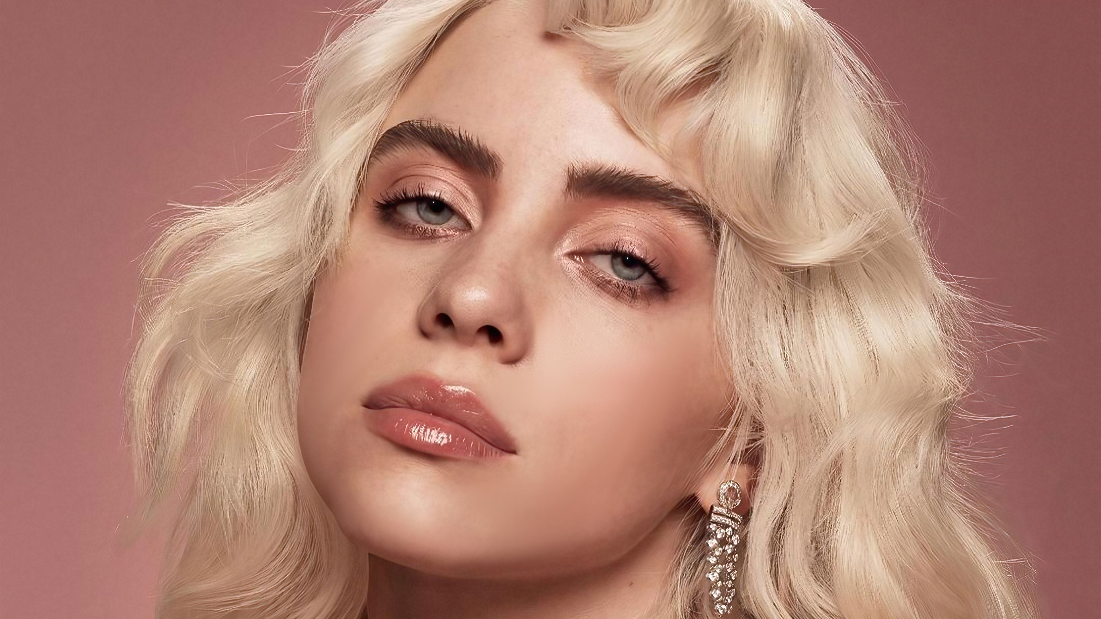 3840x2160 Young blonde Billie Eilish face on pink background Desktop wallpaper 1024x600