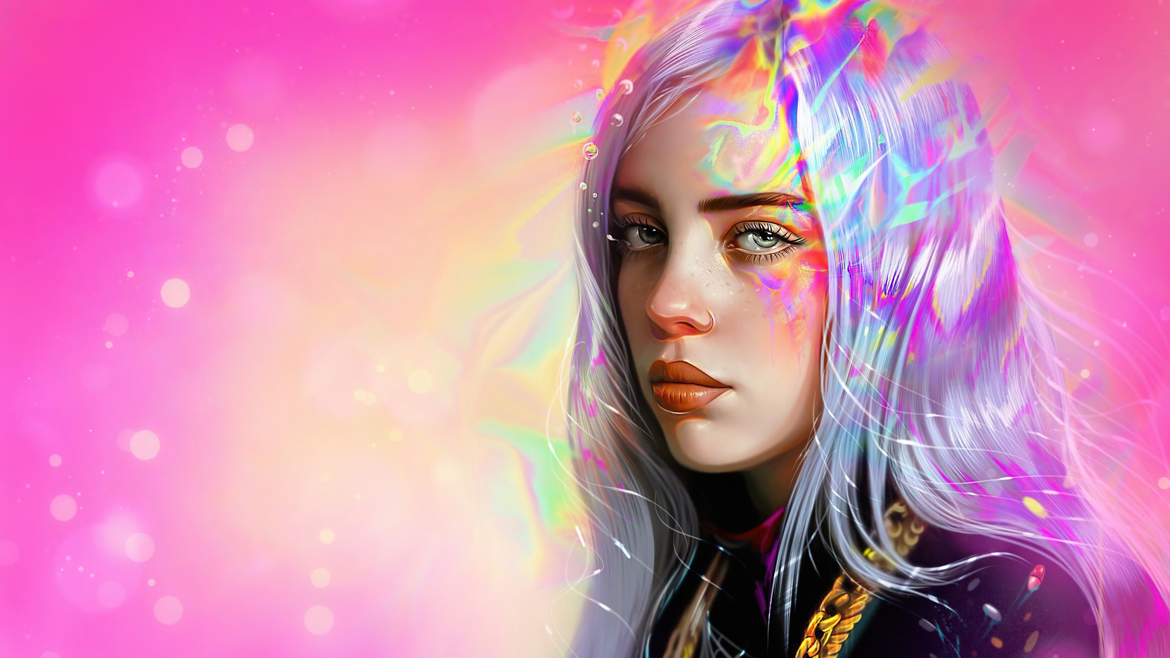 3840x2160 Billie Eilish Colorful Painting In Pink Background 4K HD Celebrities Wallpaper