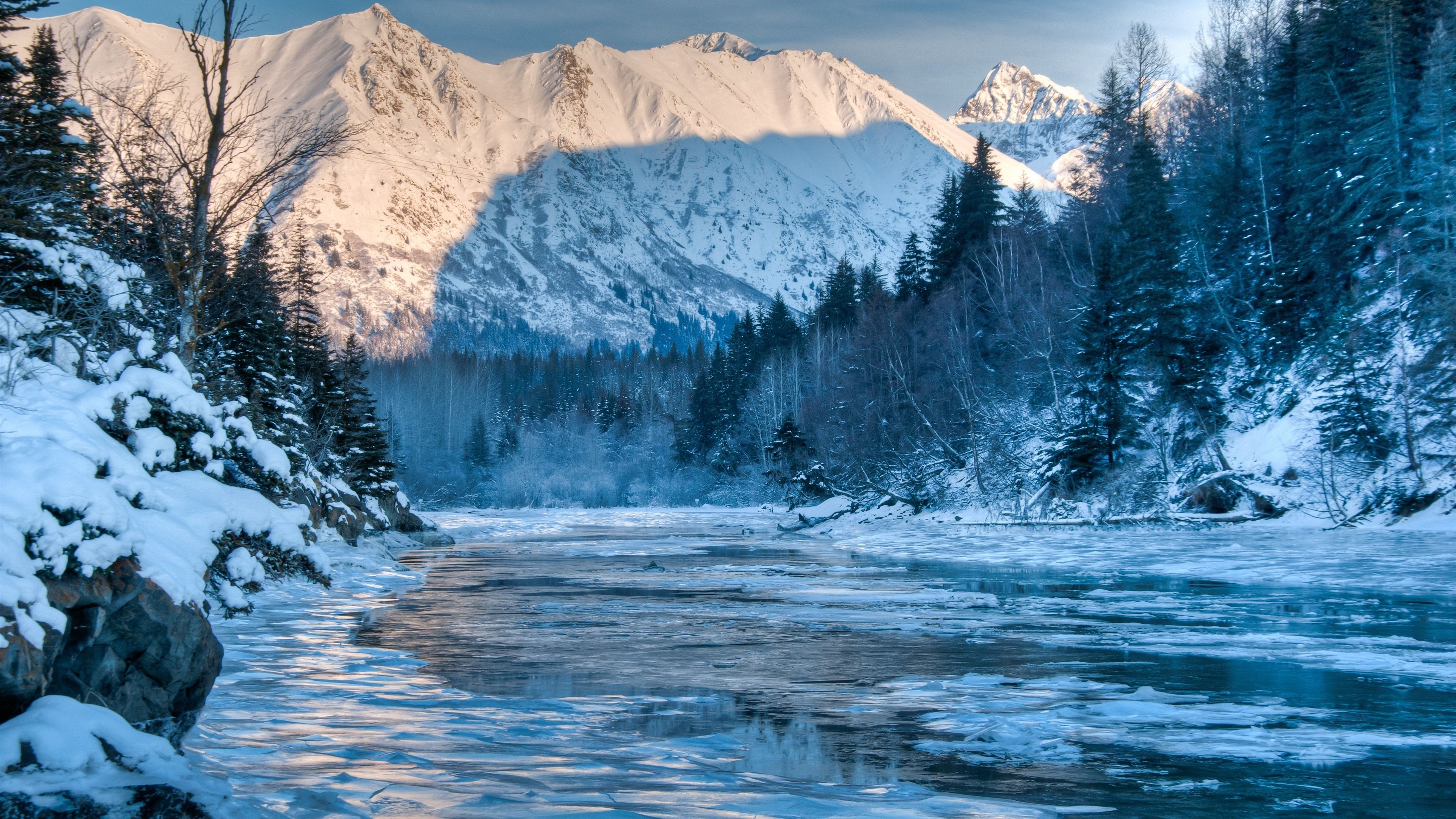 3840x2160 Wallpaper Alaska, winter, mountains, river, forest, snow 3840x2160 UHD 4K Picture, Image