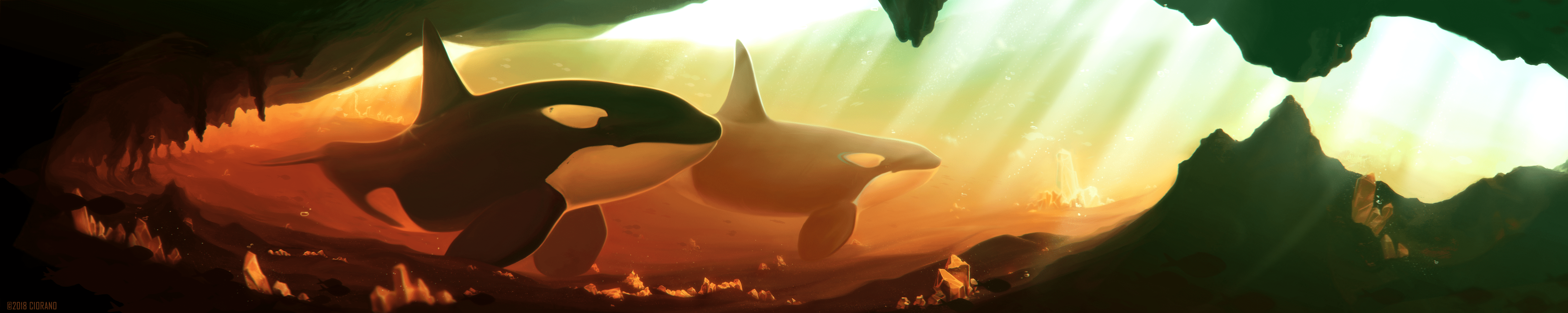 5000x1000 Crystal Orca: Majestic Fantasy Landscape HD Wallpaper