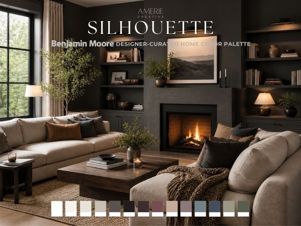 1024x768 SIlhouette Benjamin Moore Paint Color Palette. Whole House paint color palette 2026 Color of the year Silhouette color palette warm neutral house paint color scheme moody earthy paint colors