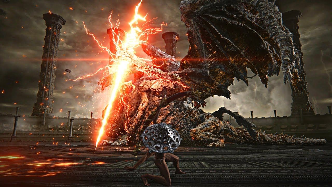 1280x720 Elden Ring Dragon King. Dragonlord Placidusax. No HUD Boss Fight