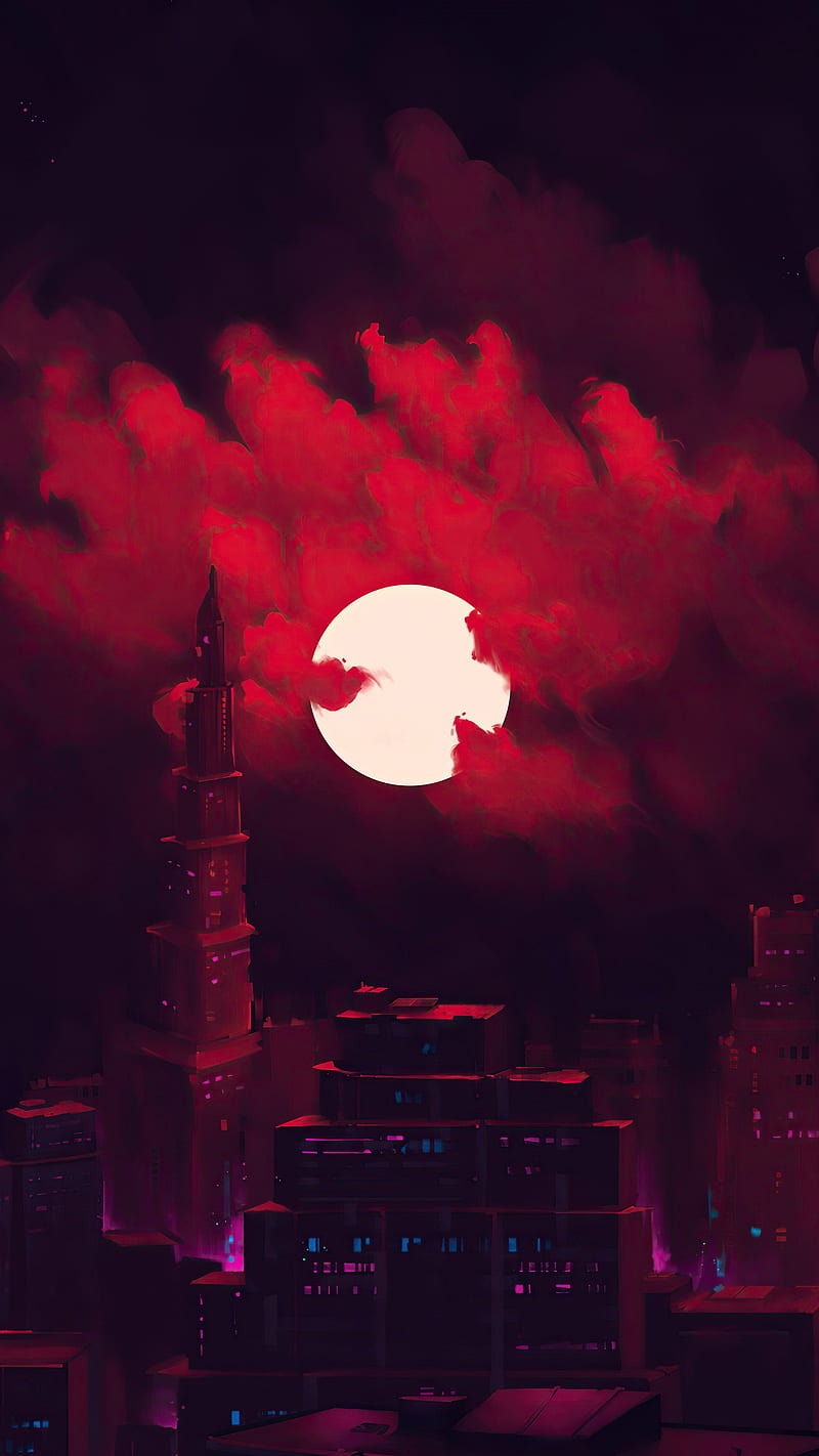 800x1422 Crimson city, digital art, artwork, moon, dark, HD phone wallpaper