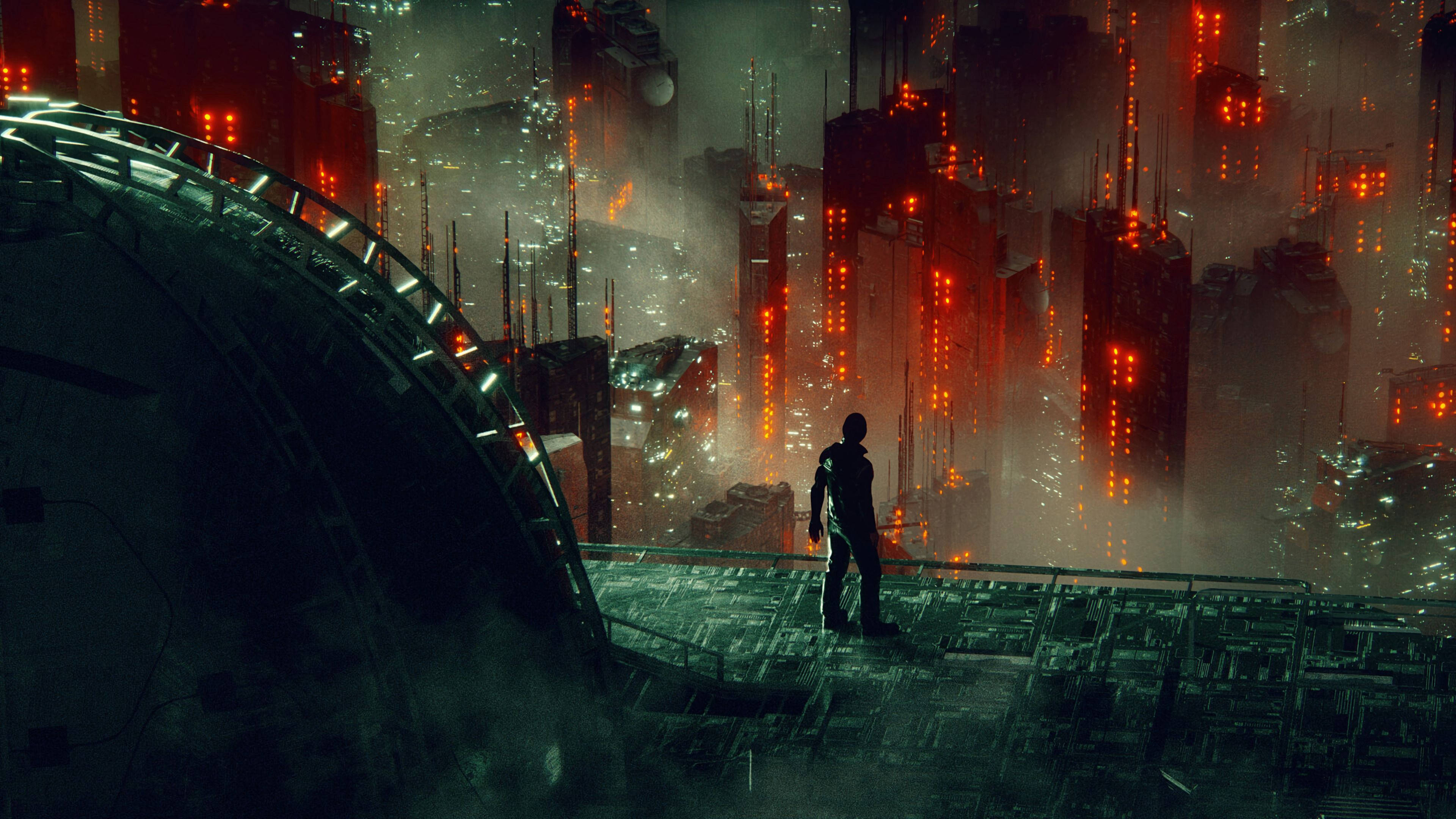 3840x2160 Download Dark City Art With Red Lights Wallpaper
