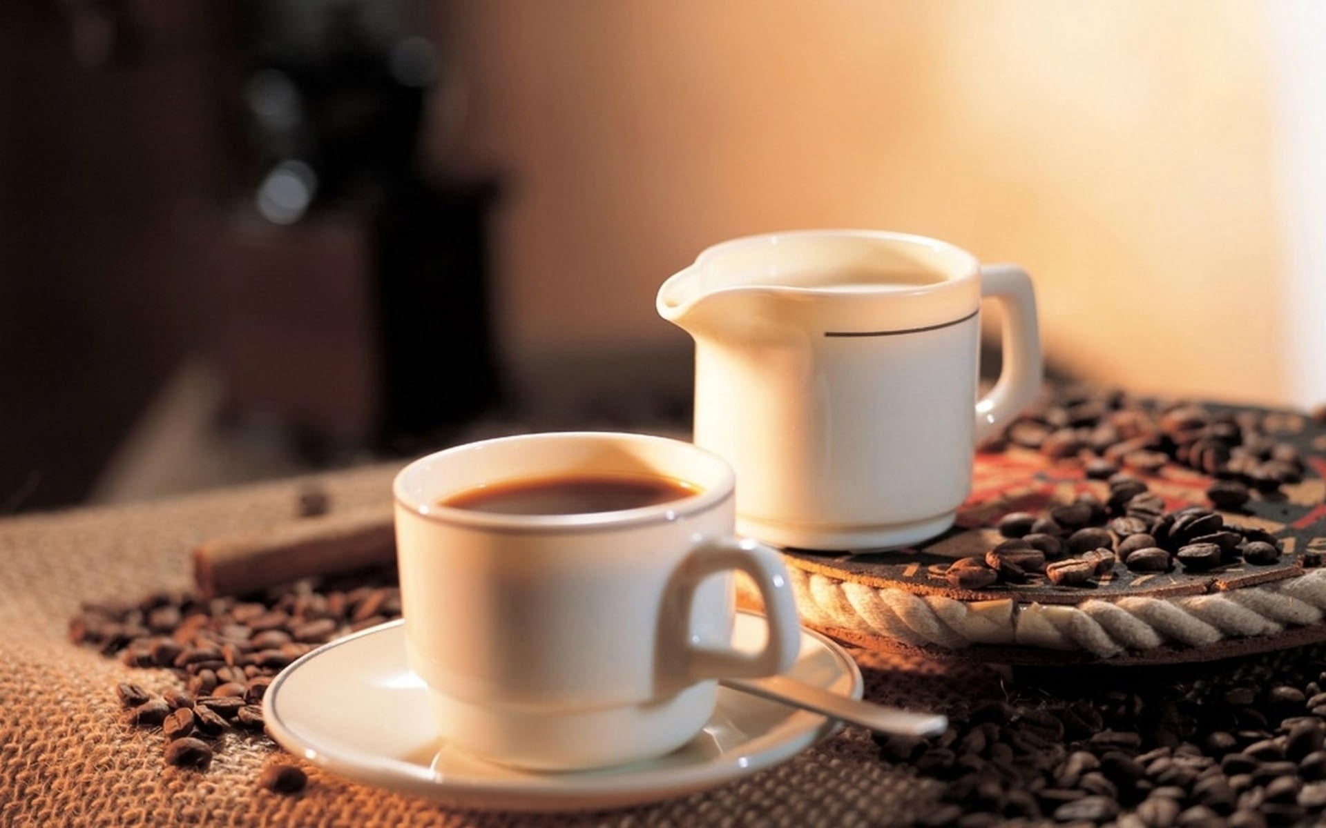 1920x1200 Two white ceramic tea cups with coffee beans HD wallpaper