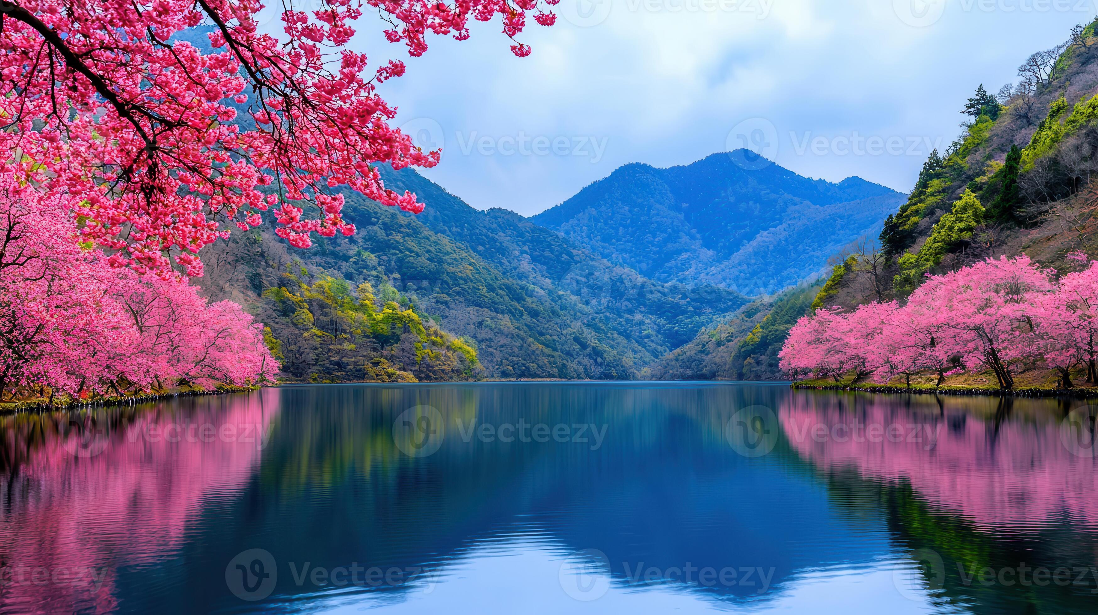3497x1960 Serene Mountain Lake with Blooming Pink Cherry Blossoms reflecting on Calm Water Breathtaking Spring Scenery