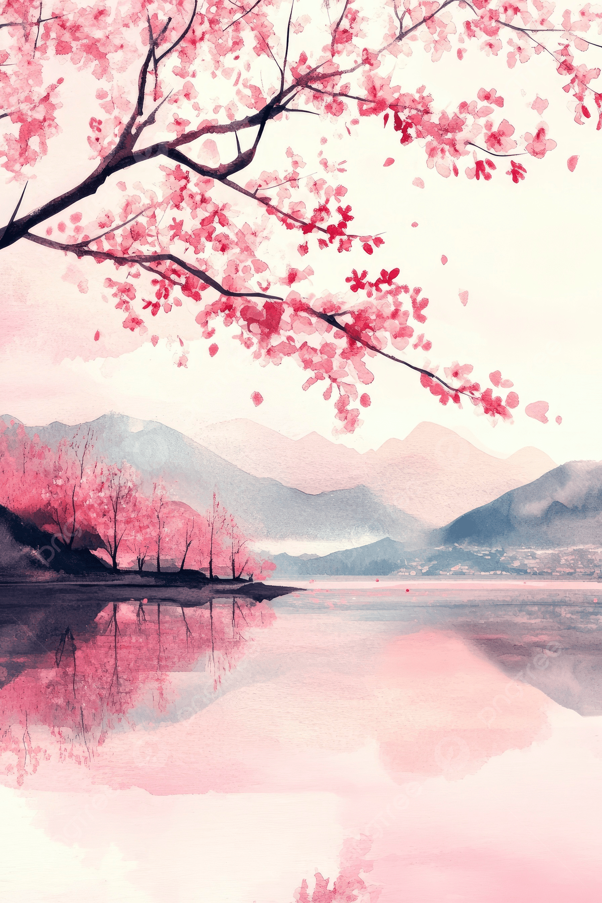 1200x1800 A Watercolor Painting With Cherry Blossoms Lake Sky And Mountains In Pink Theme Background Wallpaper Image For Free Download