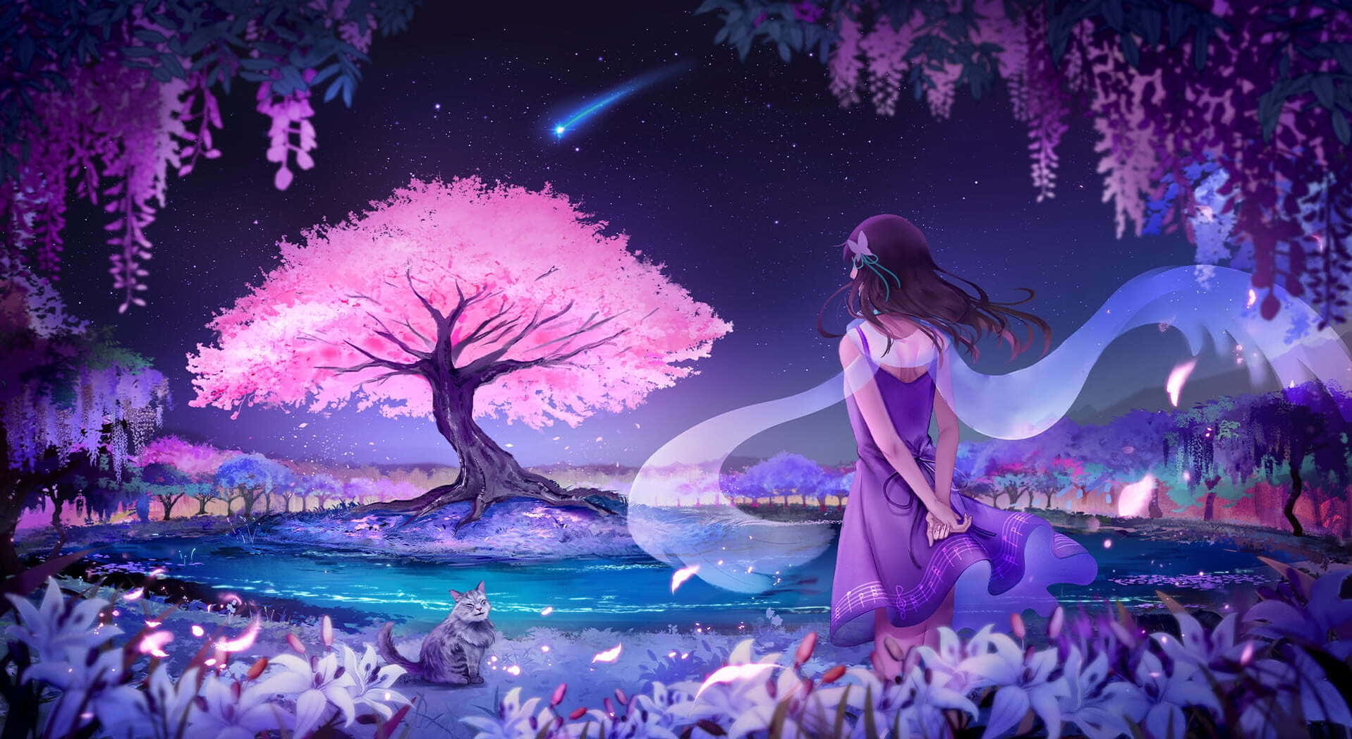 1917x1048 Download Anime Cherry Blossom Lake Background