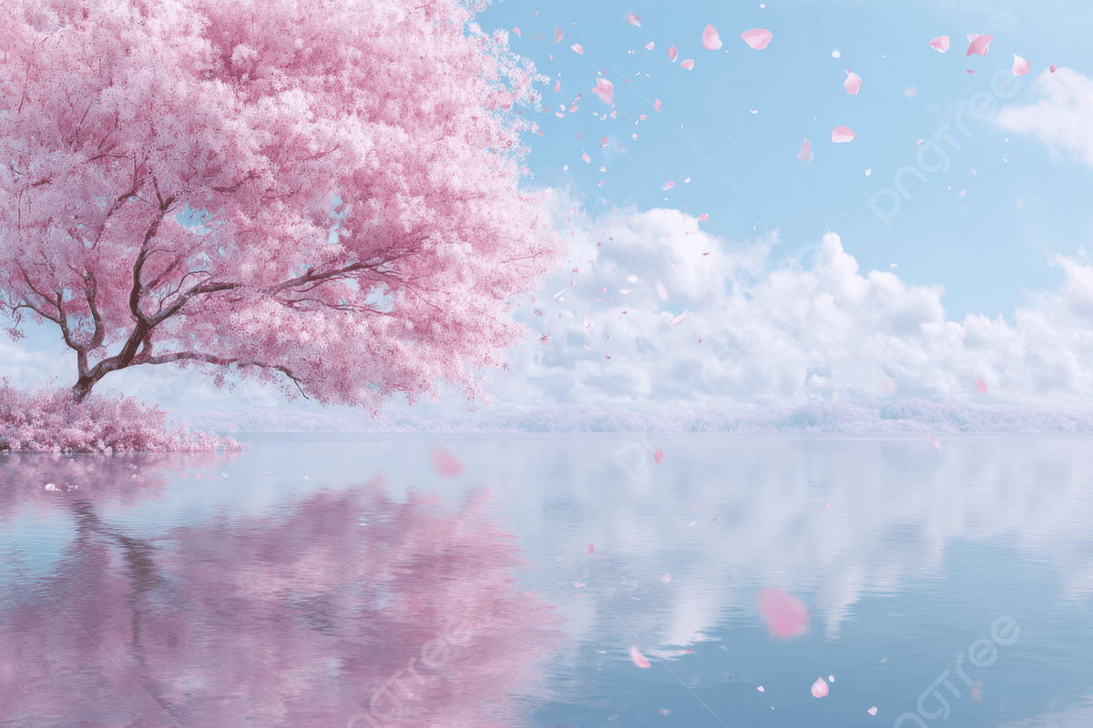 1200x800 A Pink Tree With Flowers On The Water Surrounded By White Clouds And Light Blue Sky Reflection Of Trees In Lake Cherry Blossoms Falling From Above Photo And Picture For Free Download