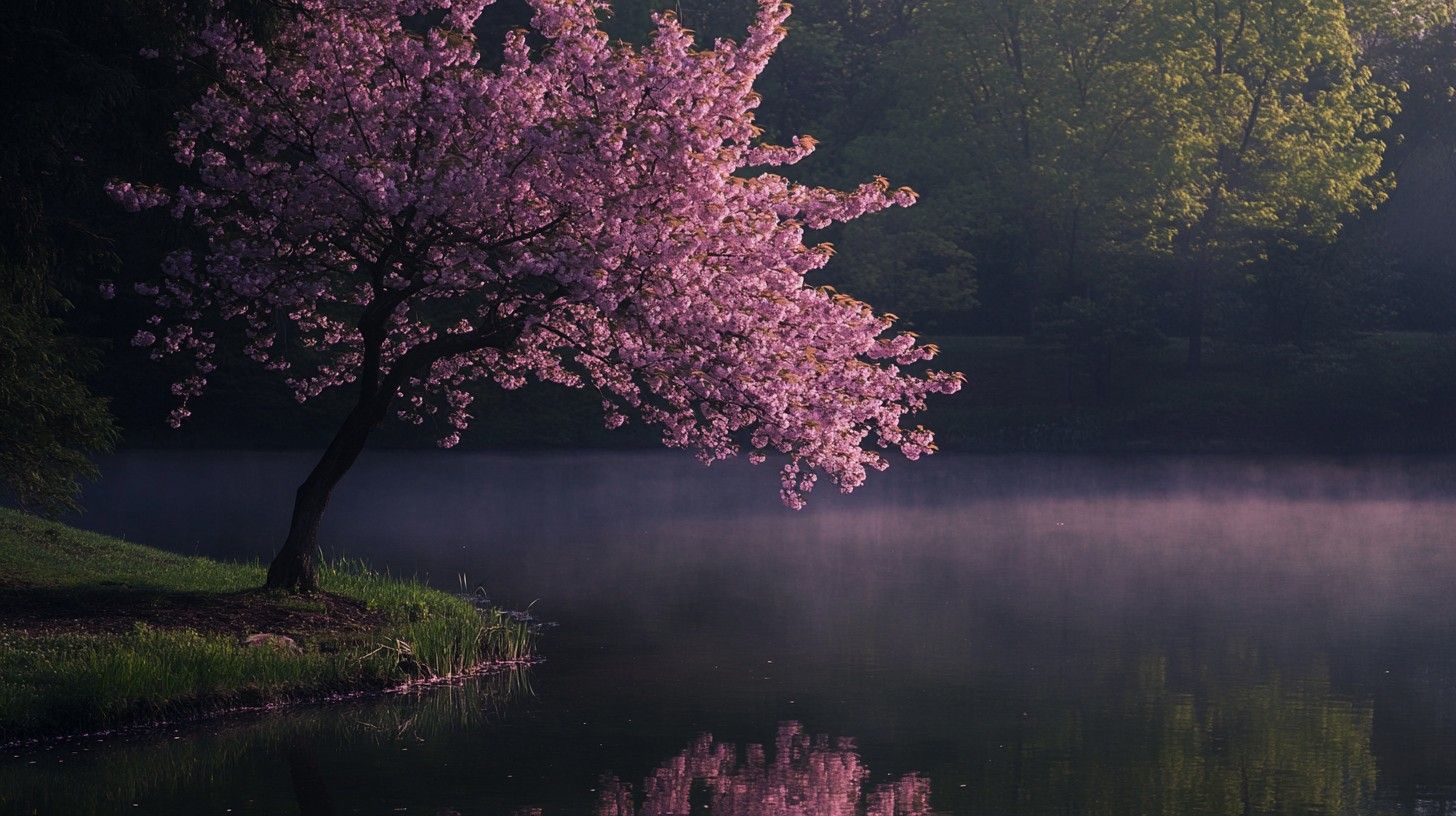 1456x816 Download Misty Cherry Blossom Image, Cherry, Blossom