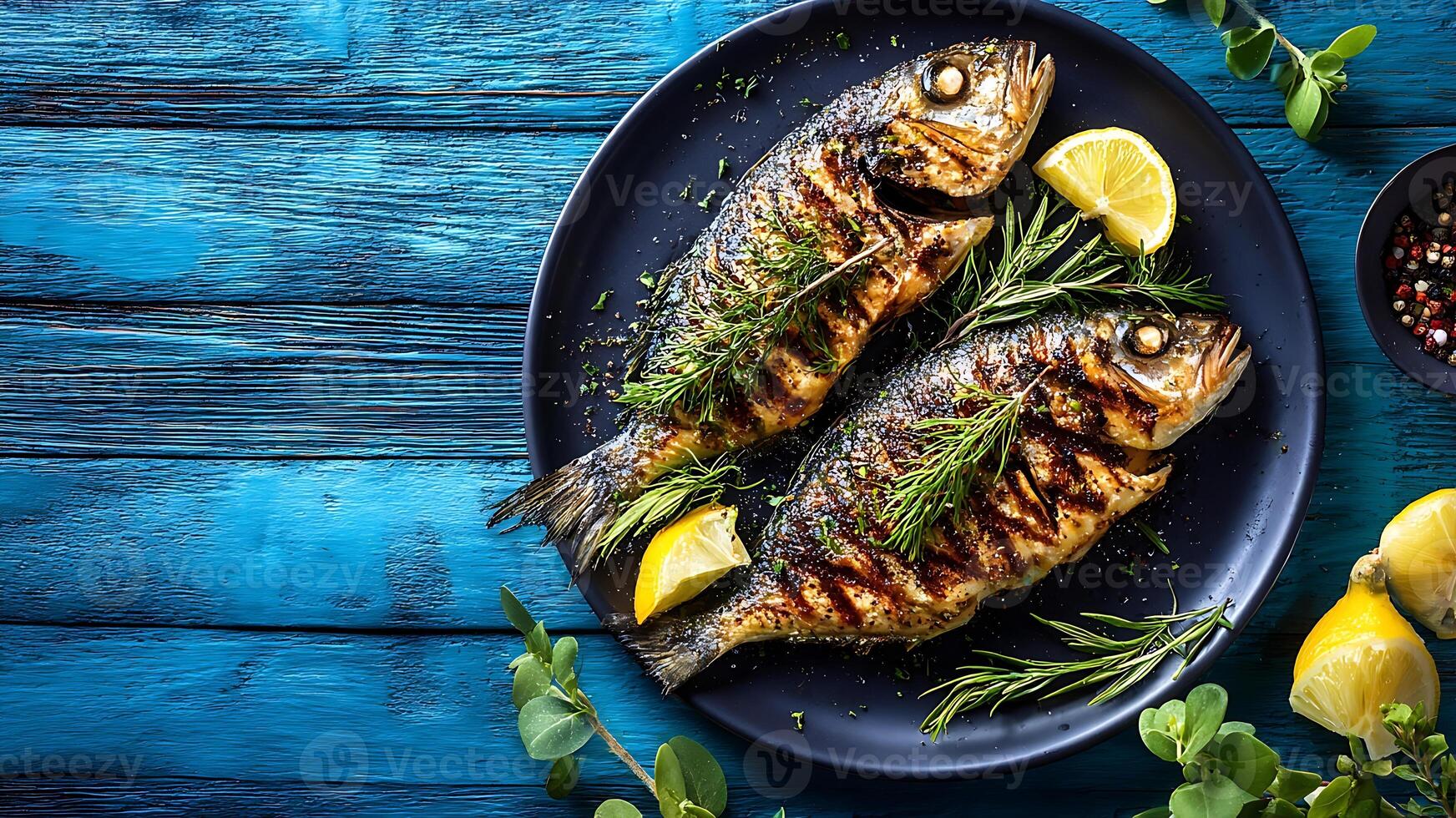 1744x980 Two delicious grilled fish with rosemary and lemon on a black plate, served on a rustic blue wooden table