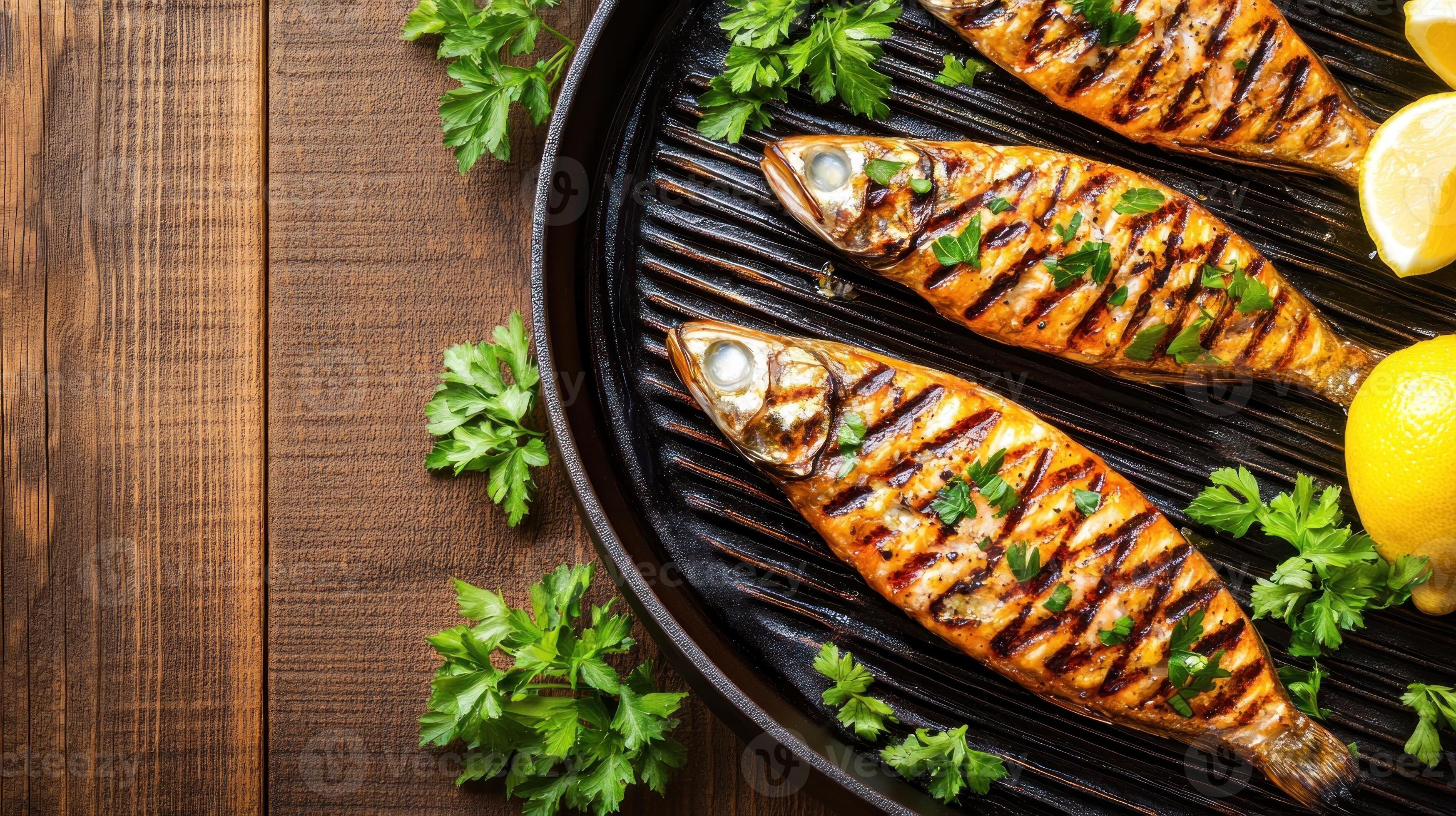 3497x1960 Grilled Fish in Pan on Wooden Table. Culinary food photography for healthy eating or restaurant