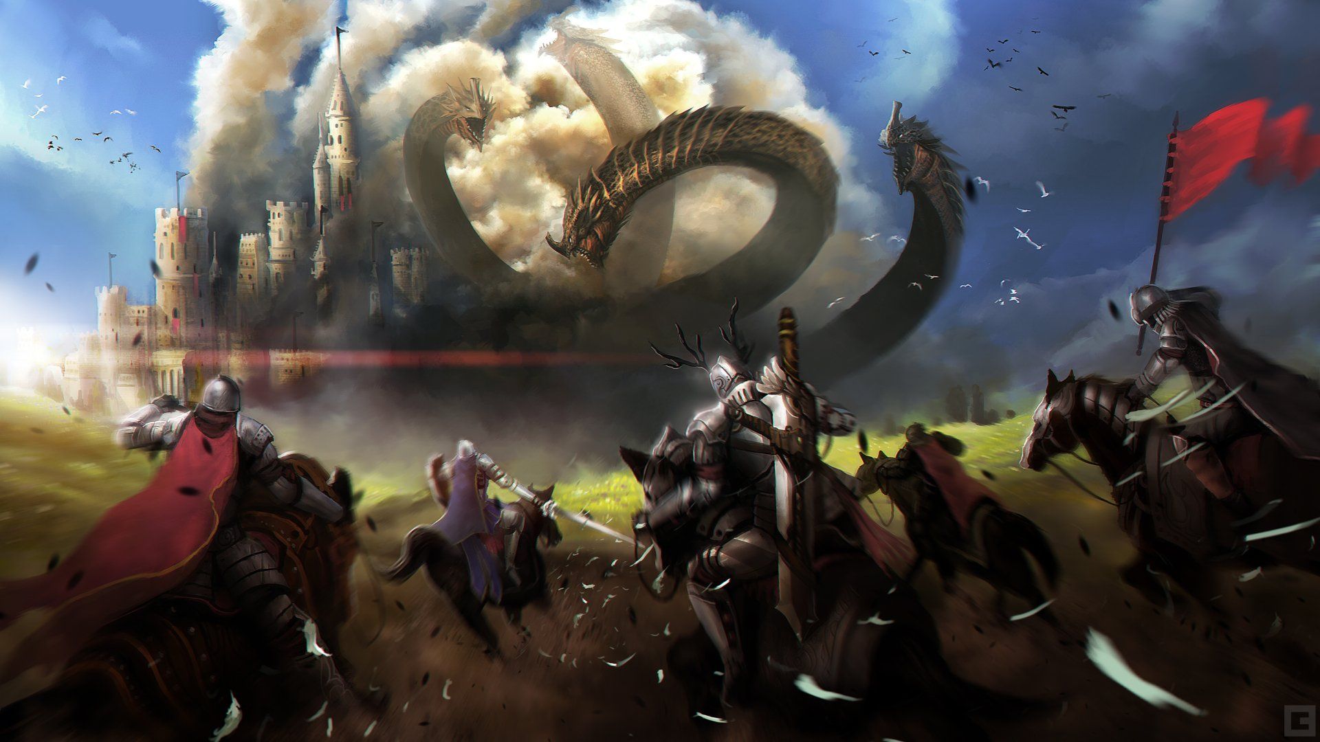 1920x1080 Fantasy Battle: Knights vs Hydra Wallpaper