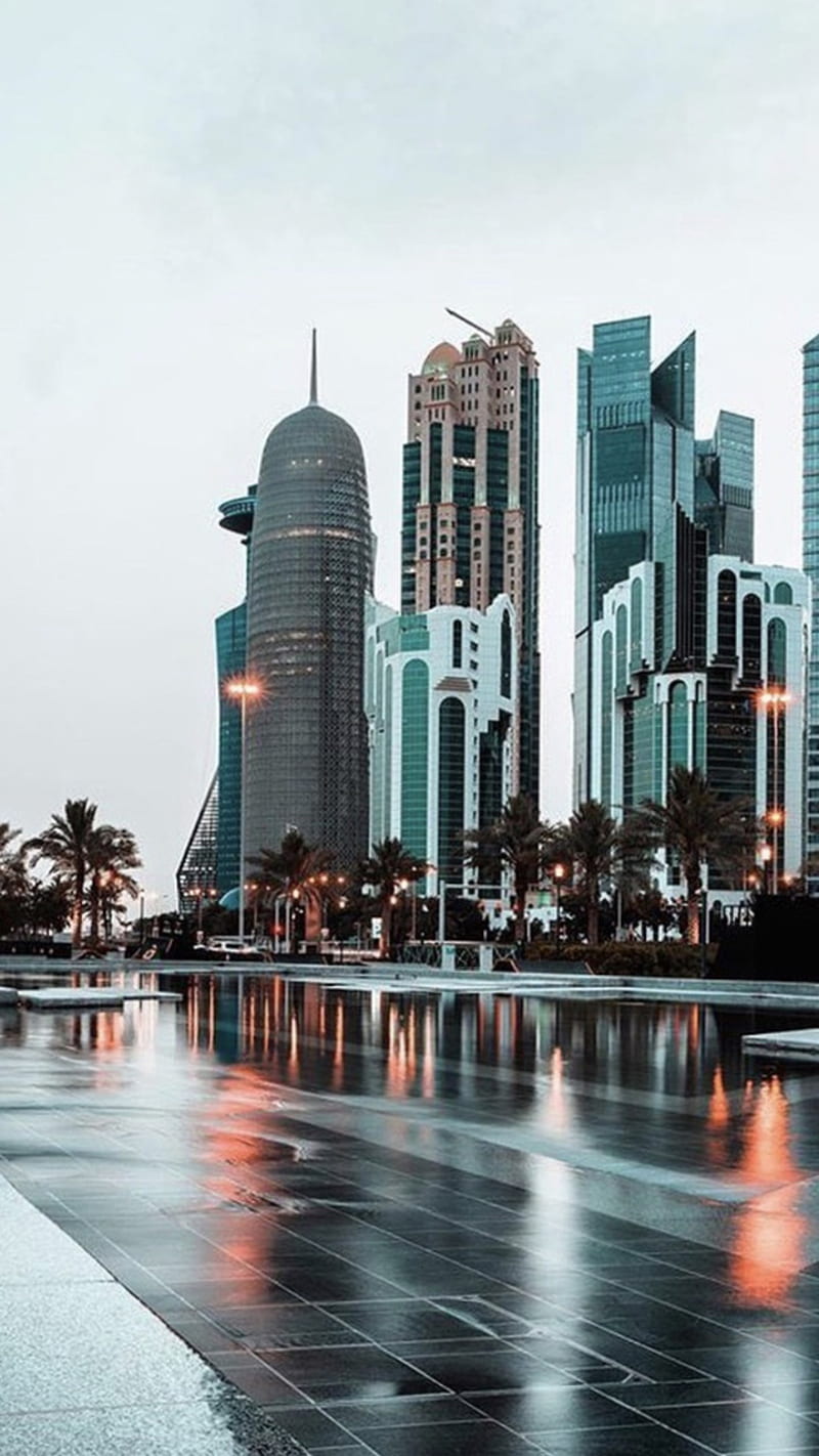 800x1422 Beauty of Building, city, doha, qatar, rain, rainy day, reflection, state, west bay, HD phone wallpaper
