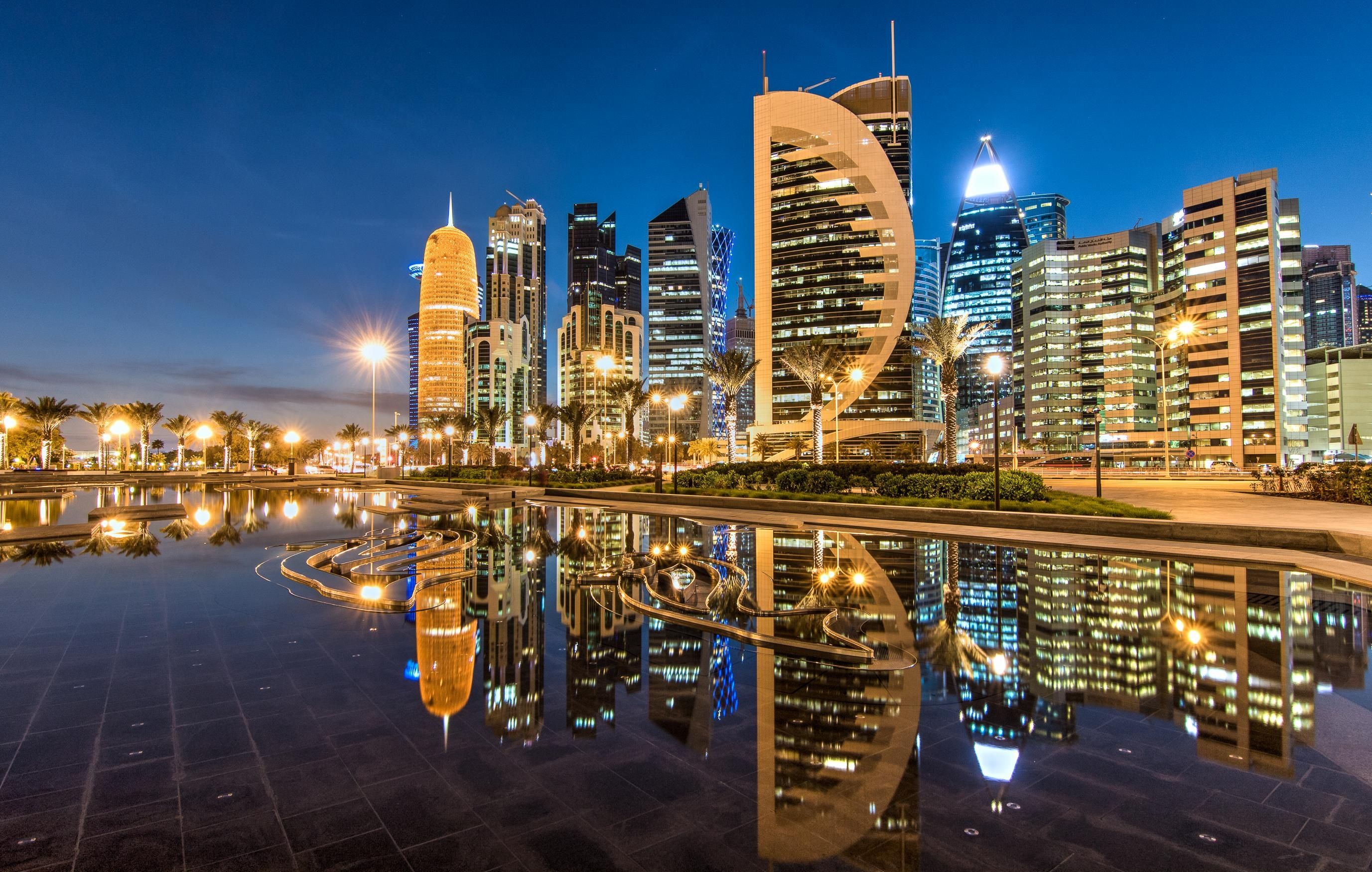 2754x1751 Desktop wallpaper: Building, Qatar, Doha, Man Made, City, Light, Night, Reflection, Skyscraper, Cities 4K free download for PC. 416236
