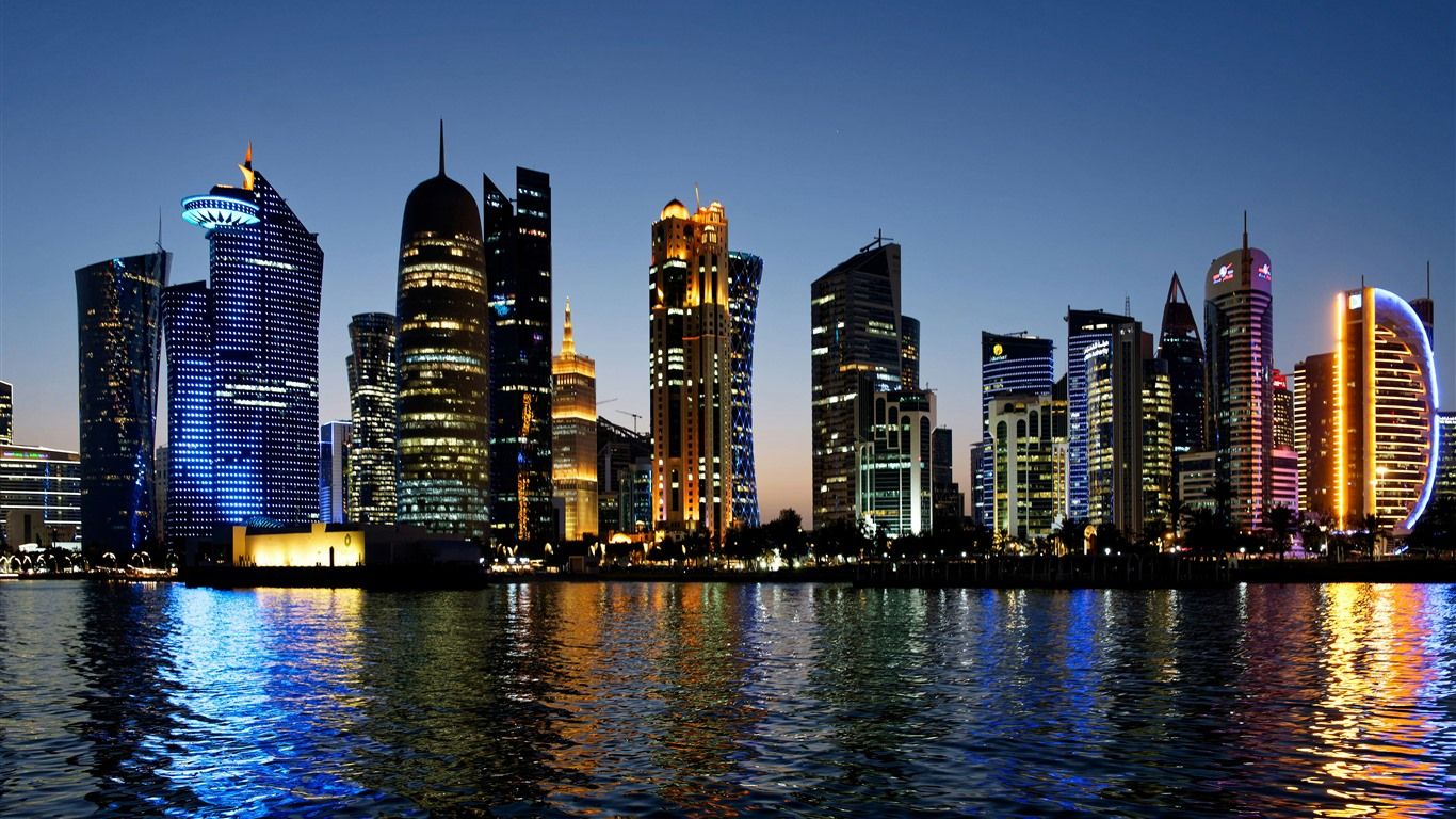 1366x768 Coast City Skyscrapers Night view Doha Qatar 5K