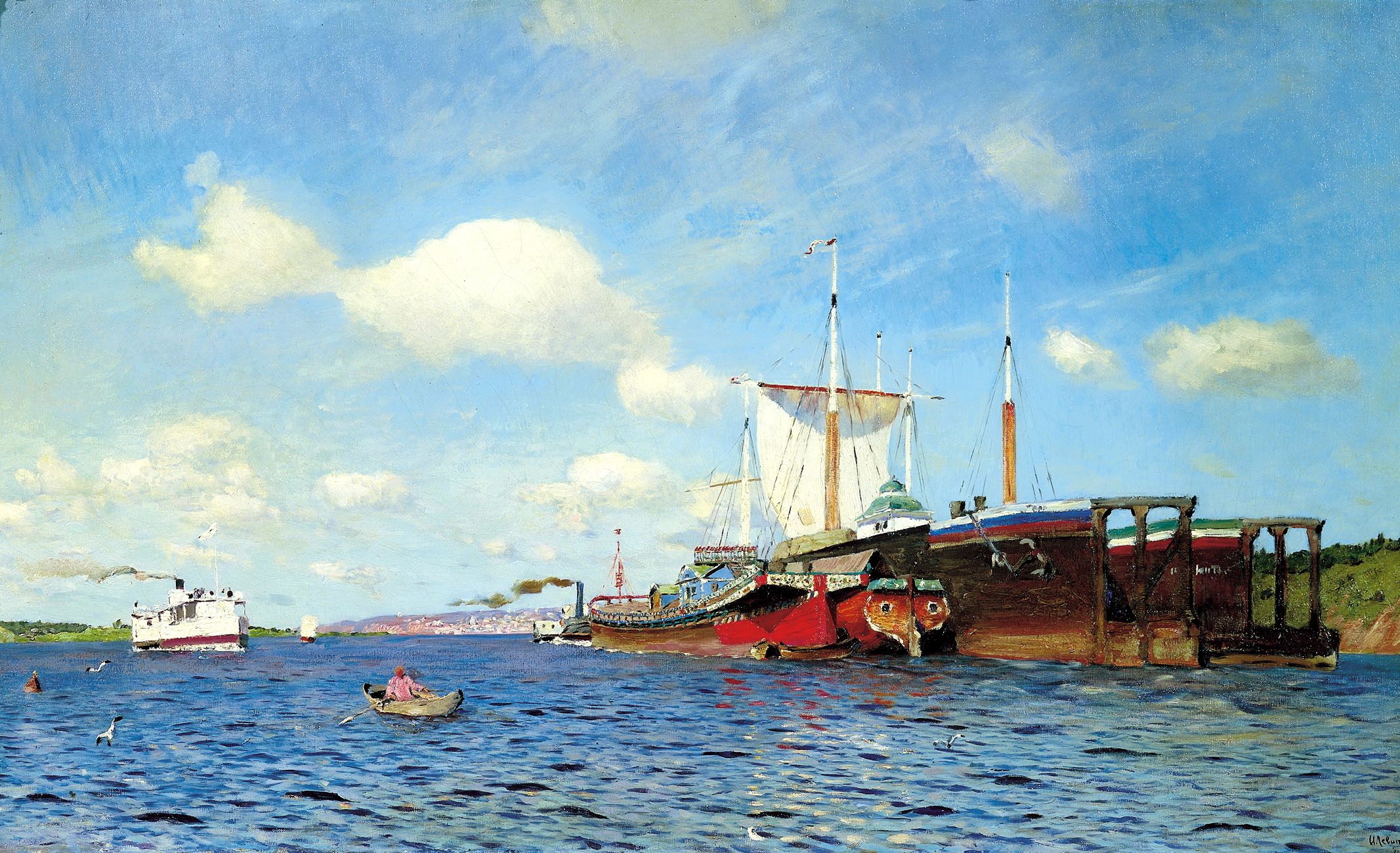 2133x1300 Wallpaper the sky, water, clouds, river, boat, ship, seagulls, picture for mobile and desktop, section живопись, resolution 2133x1300