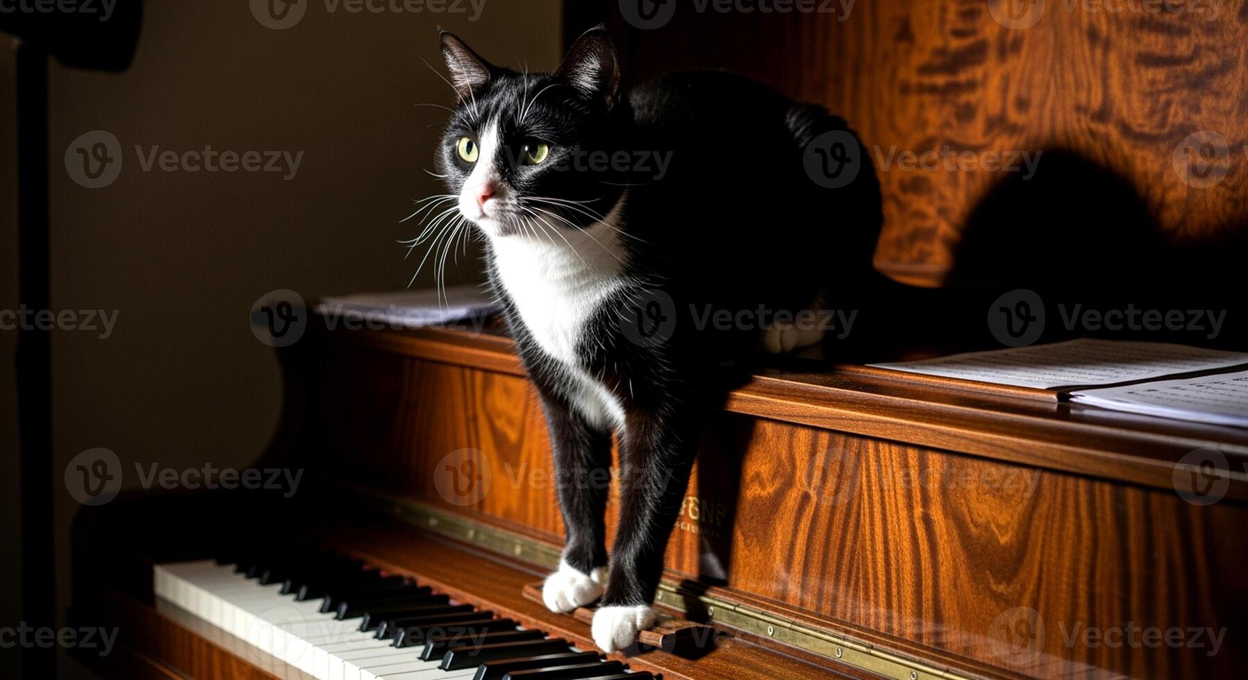 1797x980 Black and white cat perched on a wooden piano, looking curious