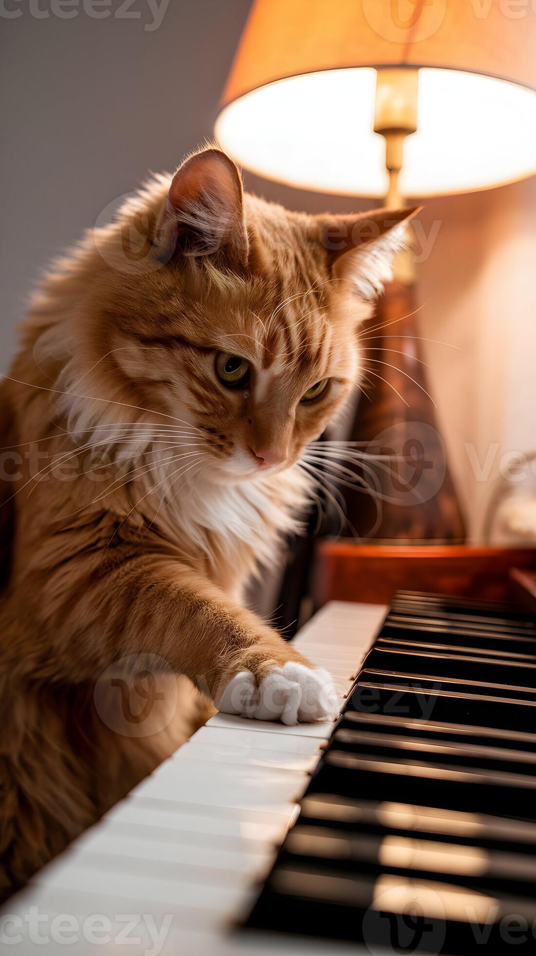 1100x1960 Ginger cat playing with piano keys, surrounded by cozy lighting ambiance Vertical Mobile Wallpaper