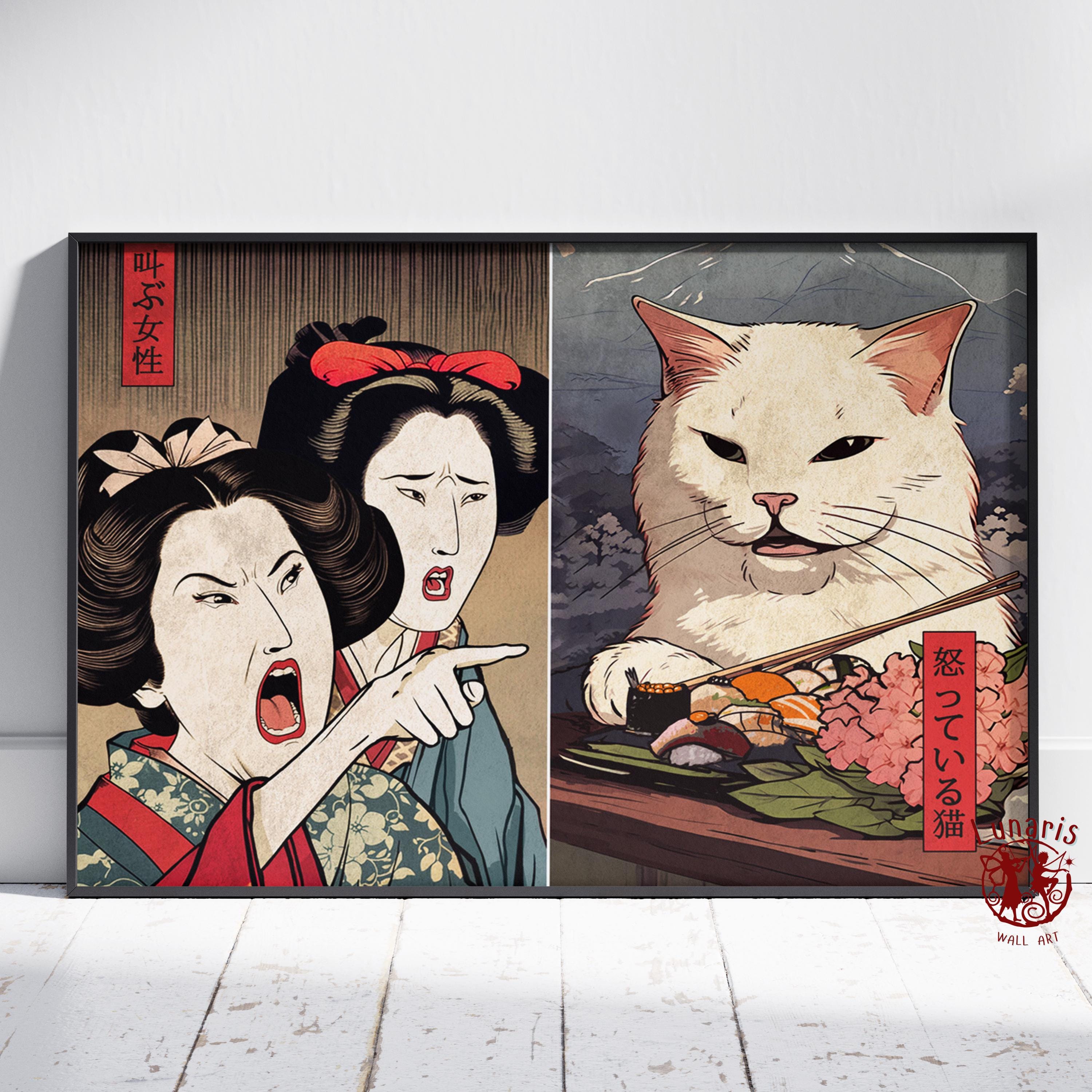 3000x3000 Woman Yelling at a Cat Poster. Japanese Meme Wall Art. Unframed Canvas Print. Gift Cat Lover Poster