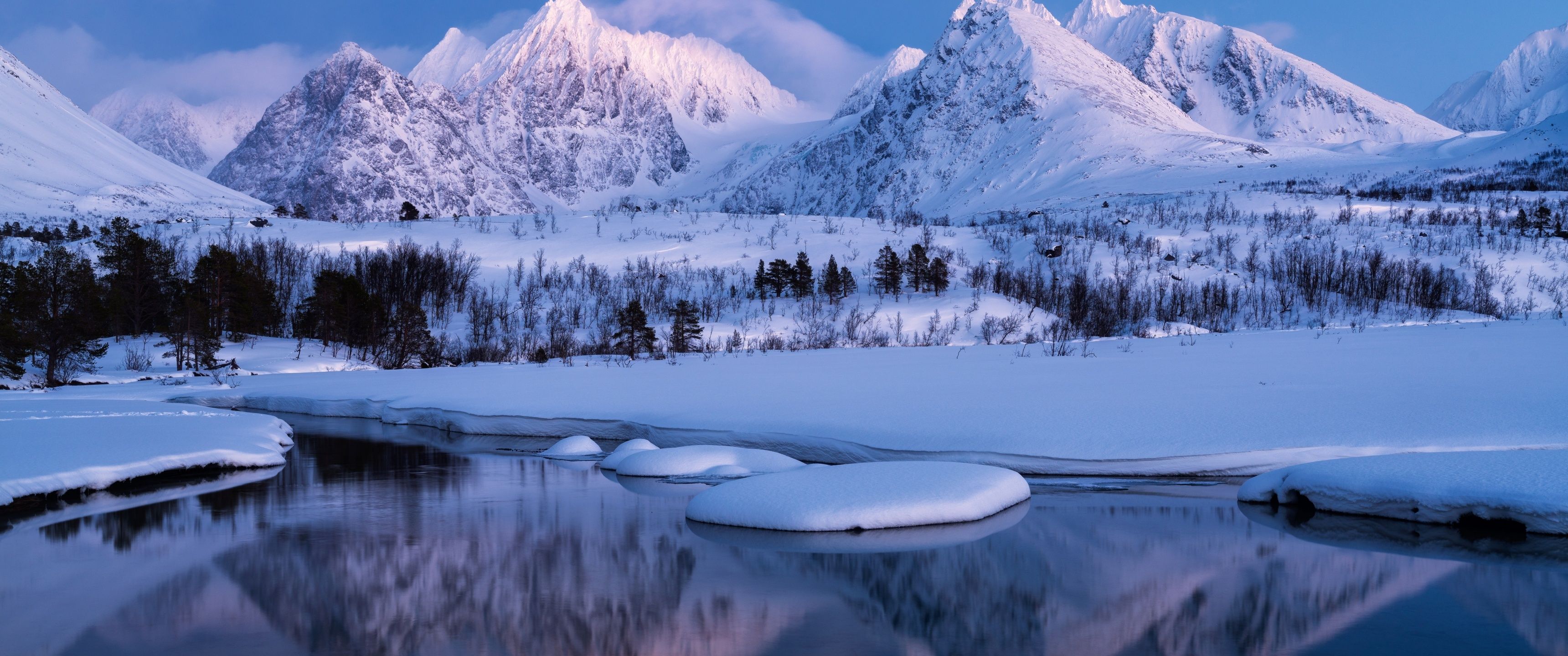 3440x1440 Winter Mountains Wallpaper 4K, Landscape, Lake, Cold