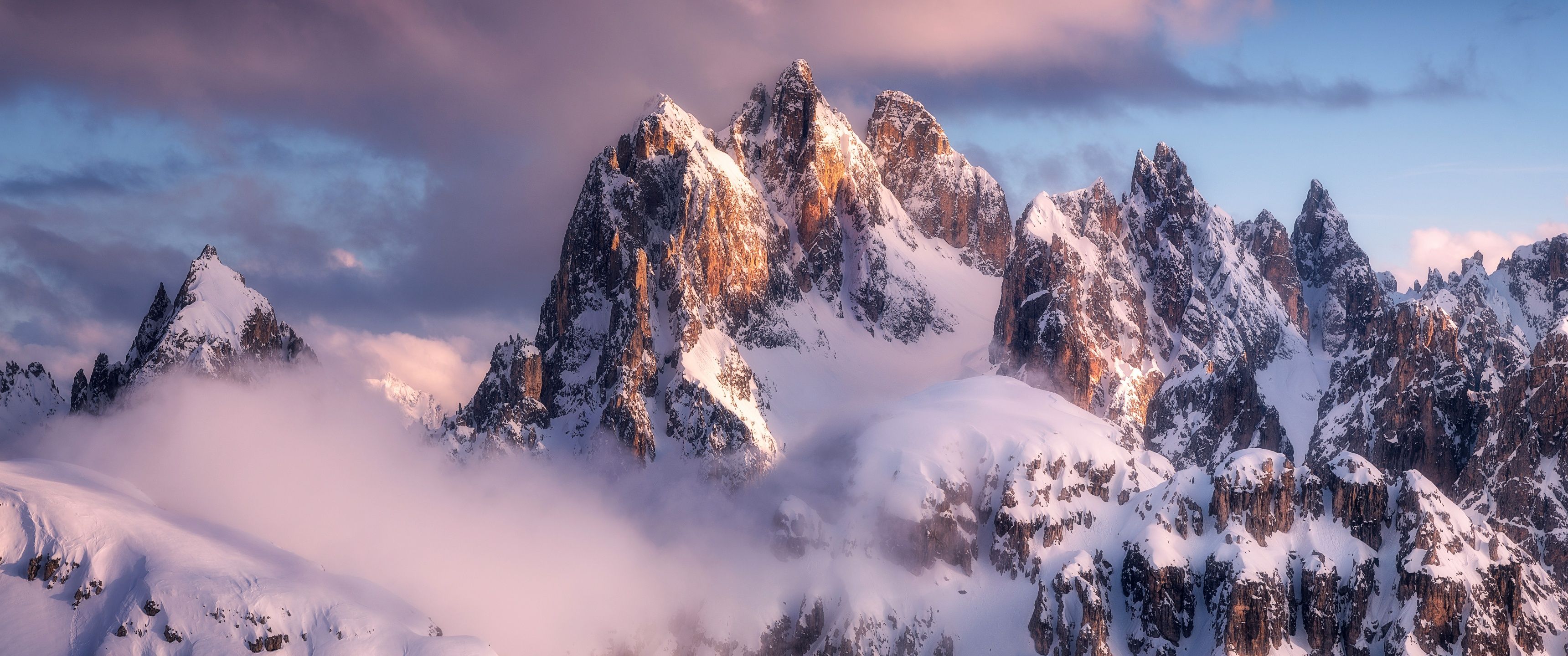 3440x1440 Mountain Peak Wallpaper 4K, Snow, Winter, Clouds, 5K, 8K