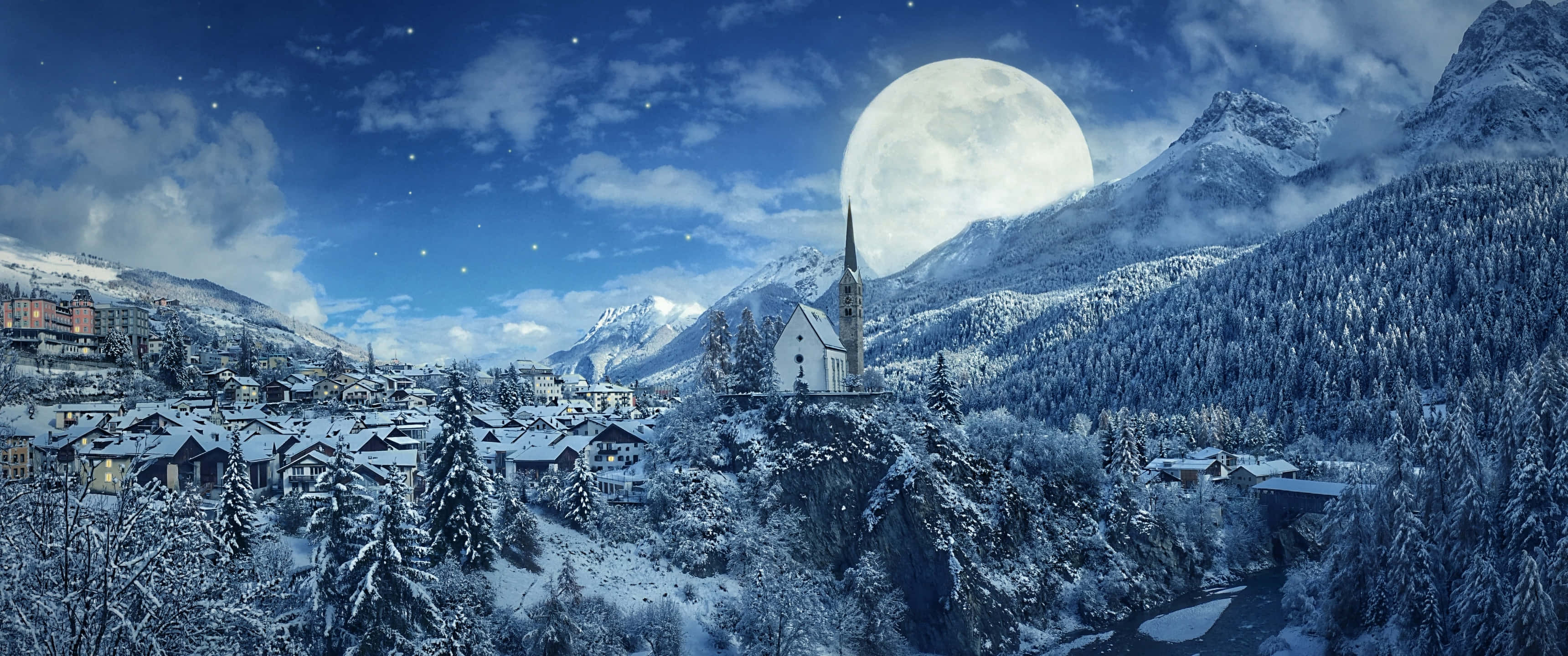 3440x1440 Download Lone bench overlooking a pictureque winter wonderland Wallpaper