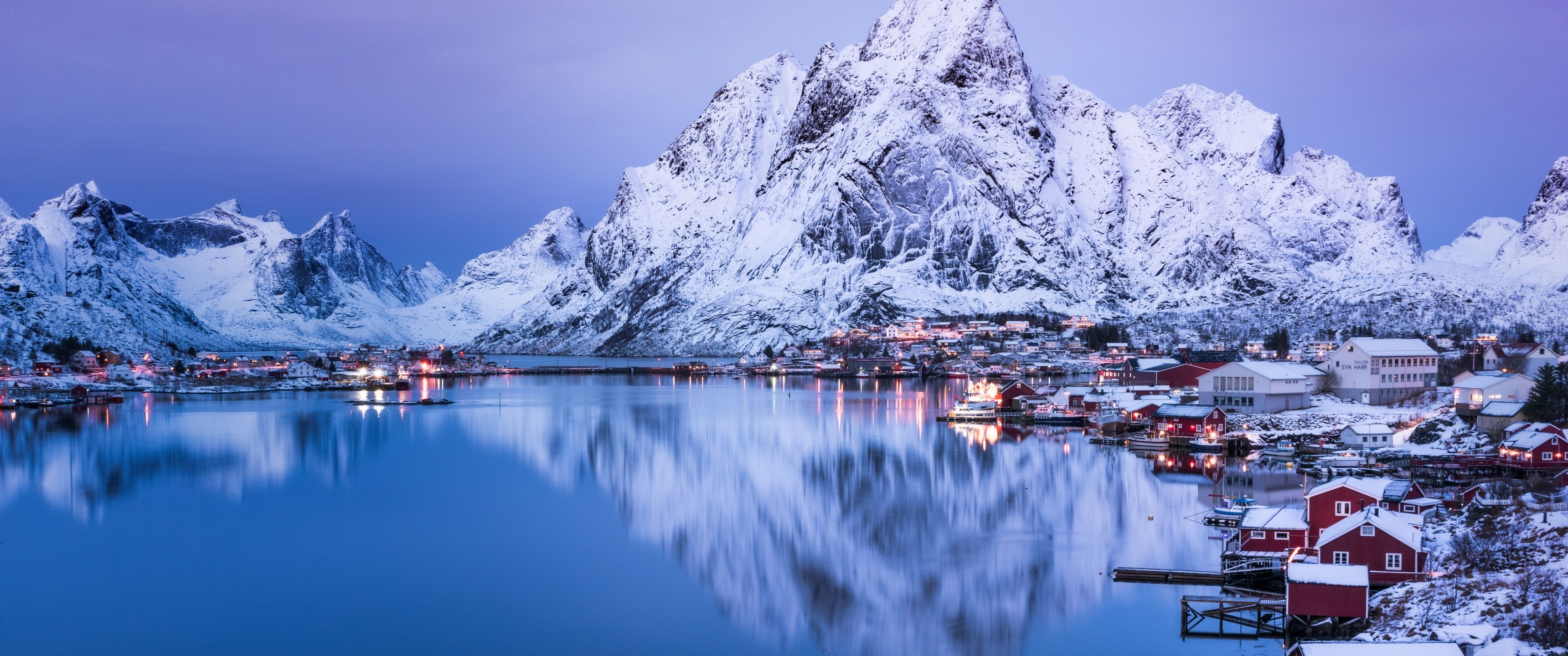 3440x1440 Reine Wallpaper 4K, Lofoten islands, Snow mountains