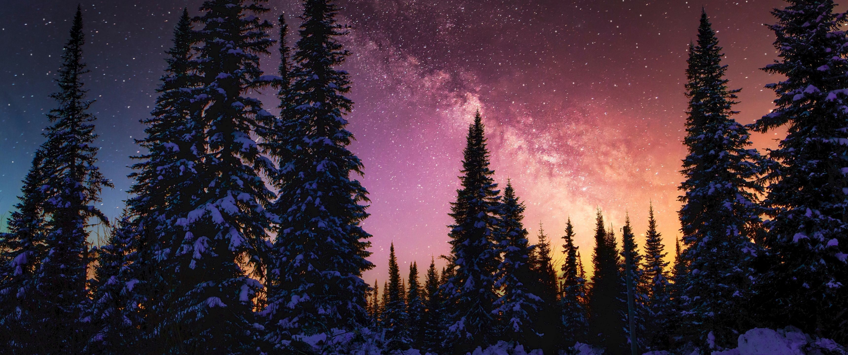 3440x1440 Winter Wallpaper 4K, Milky Way, Snow covered