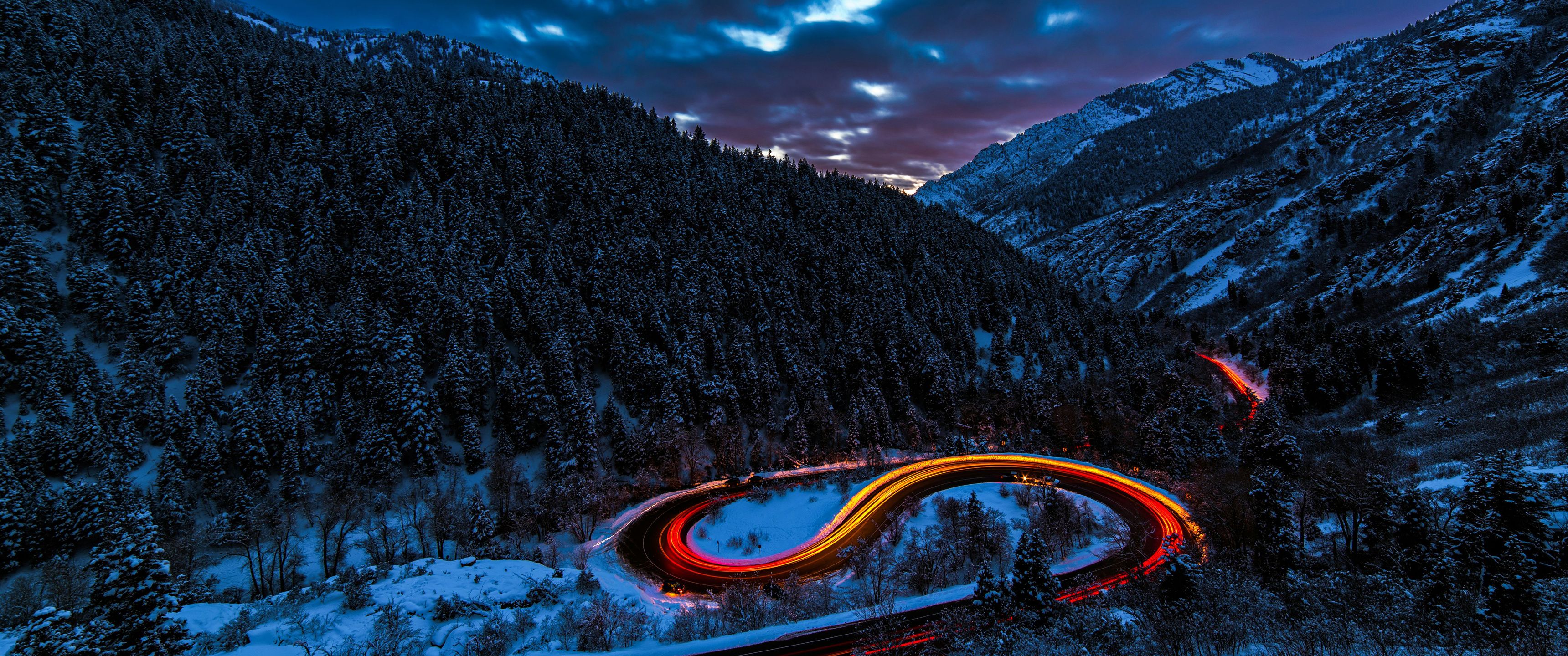 3440x1440 Snow Mountain Road Light Trails UltraWide Quad HD 1440P , HD 4k Wallpaper, Image, Background, Photos and Picture