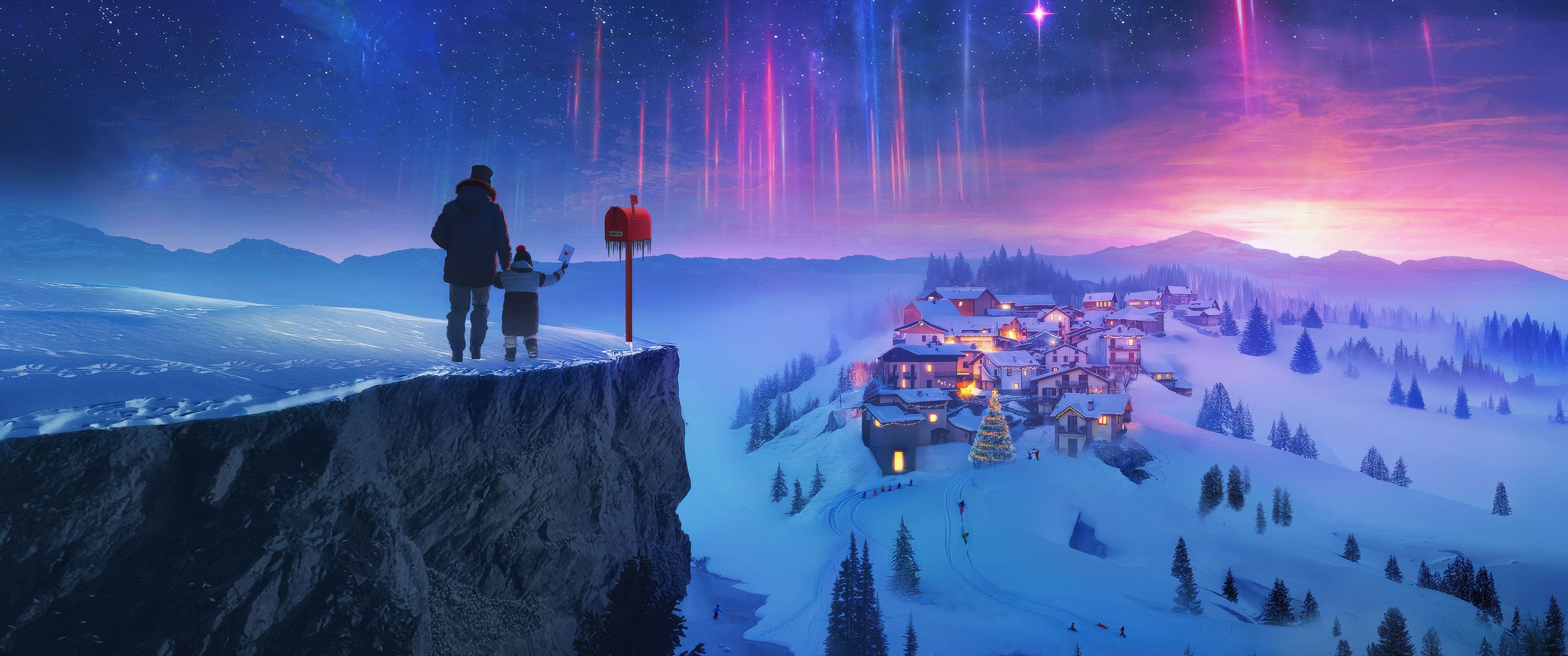 3440x1440 Snowy village Wallpaper 4K, Winter, Aurora sky, Night sky
