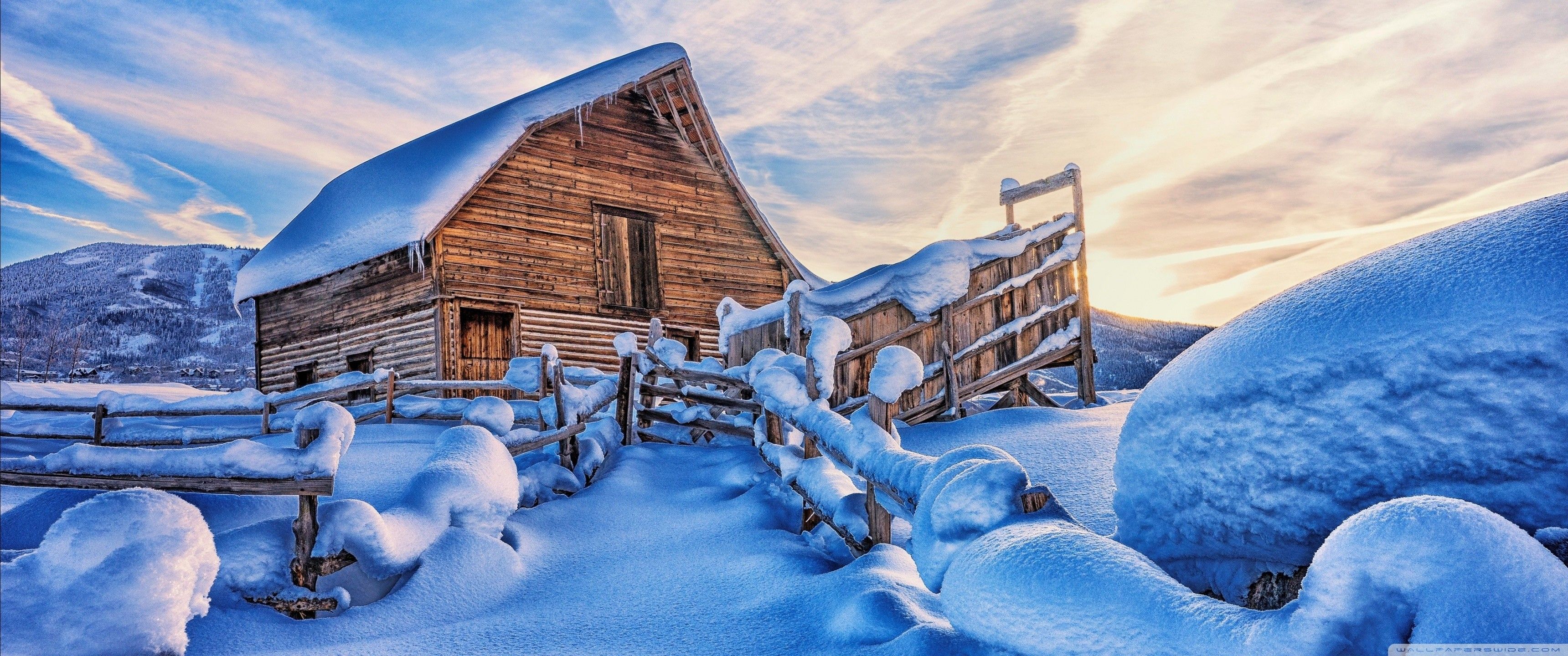 3440x1440 Winter Cabin Wallpaper
