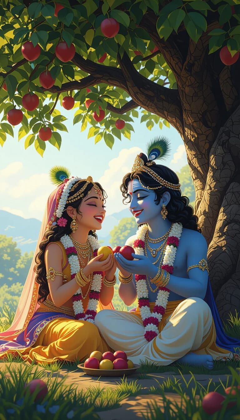768x1344 Radha and Krishna Anime Portrait with Fruits
