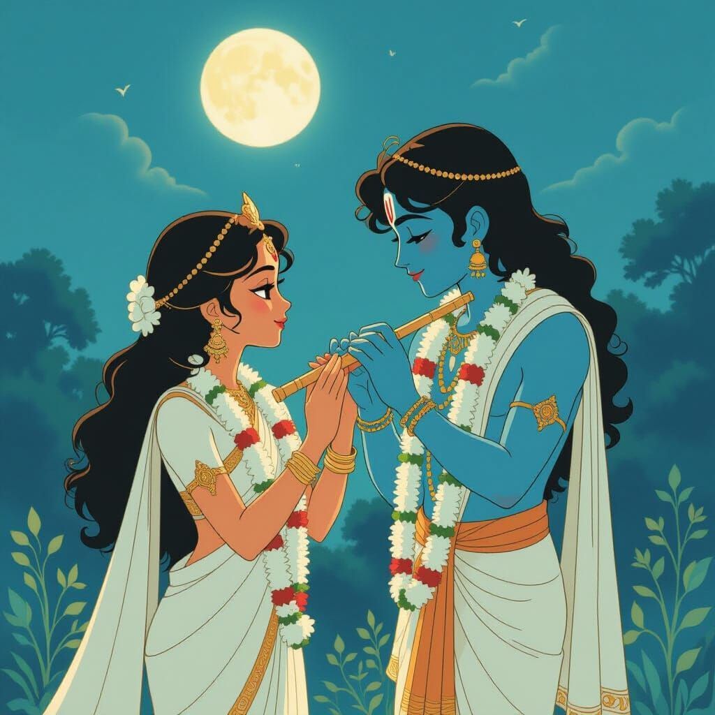 1024x1024 Radha And Krishna: Ghibli Style Mystical Moonlight