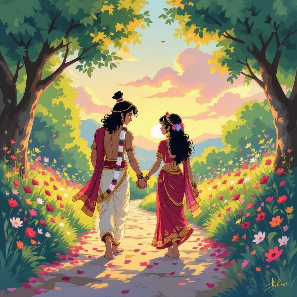 1024x1024 Krishna And Radha: Ghibli Style Sunset Walk