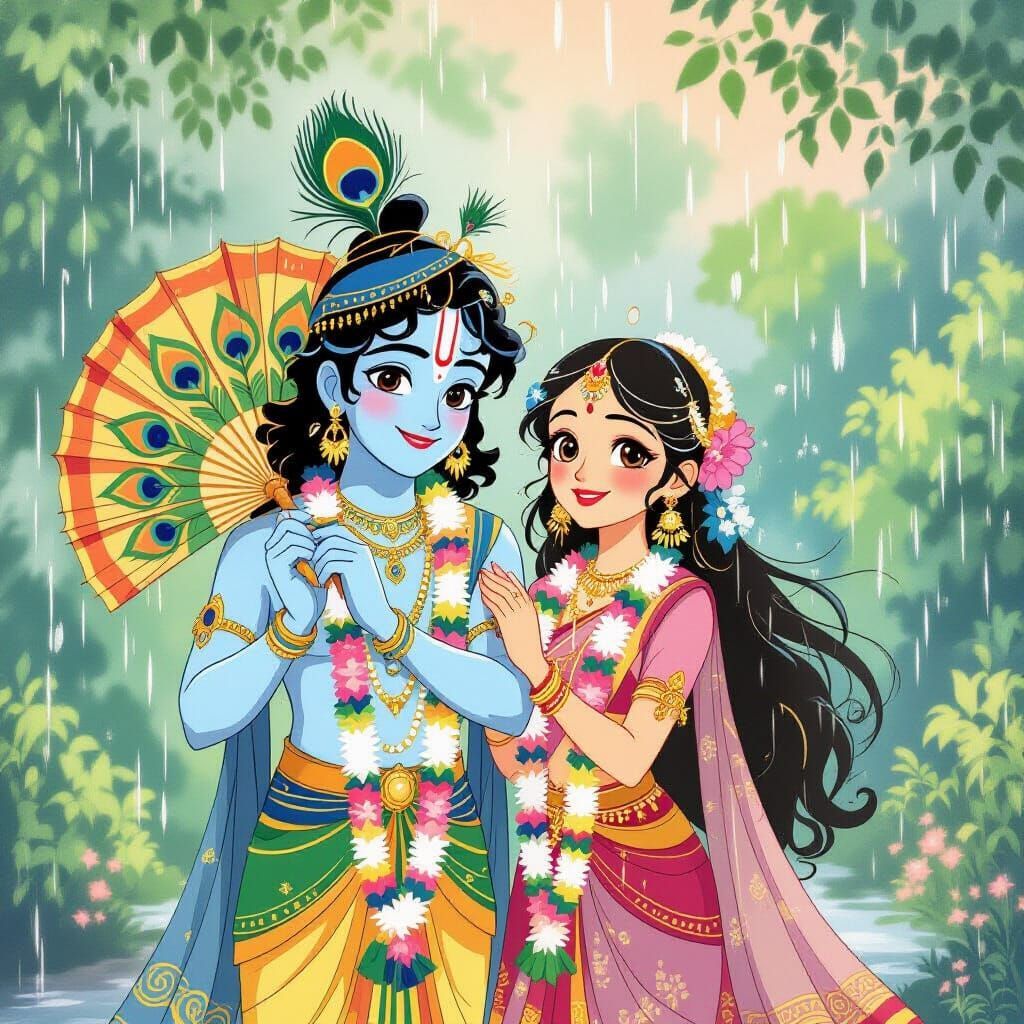 1024x1024 Krishna and Radha in Ghibli Animation Style