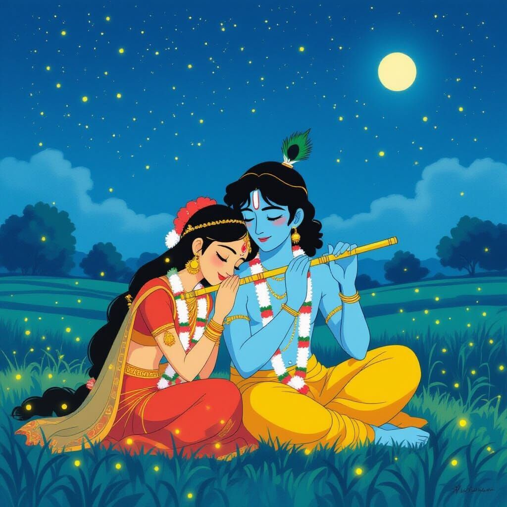 1024x1024 Radha And Krishna: Ghibli Style Serenity Under Sta