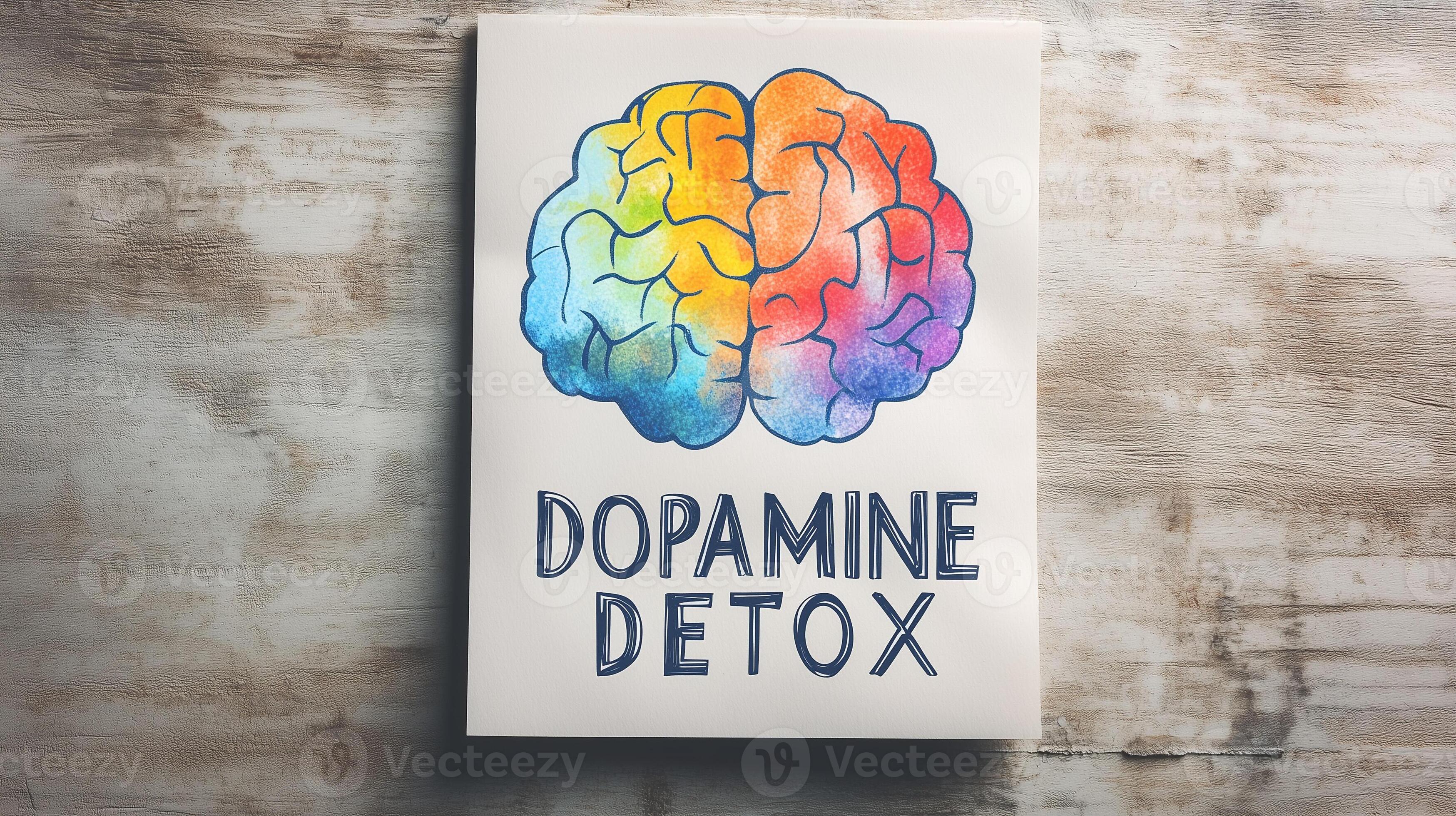 3497x1960 Creative Dopamine Detox poster with colorful brain illustration and texts on wooden surface