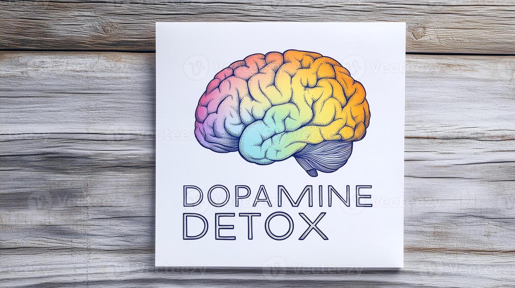 1749x980 Creative Dopamine Detox poster with colorful brain illustration and texts on wooden surface