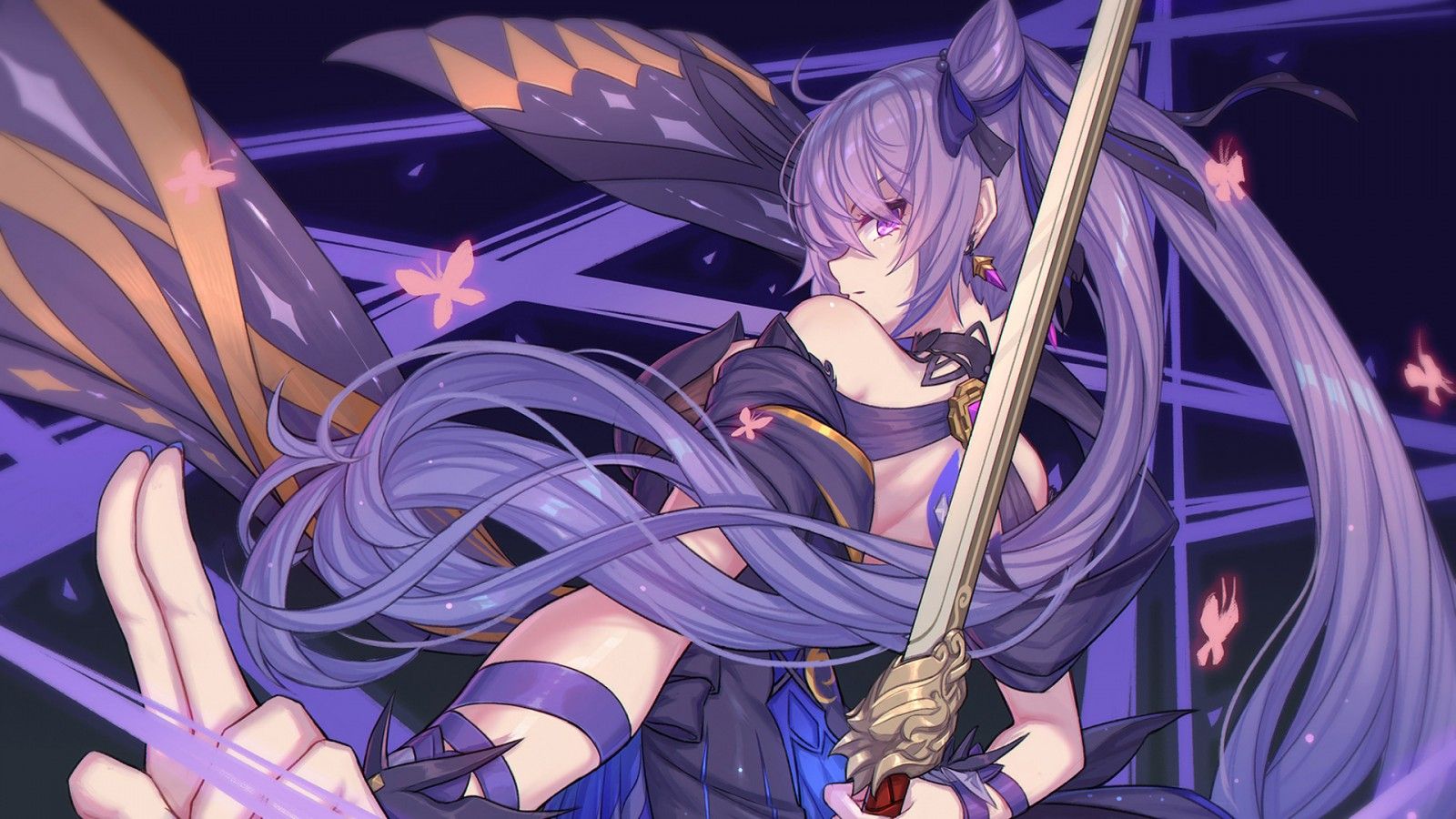 1600x900 Keqing With Sword Purple Hair HD Genshin Impact Wallpaper