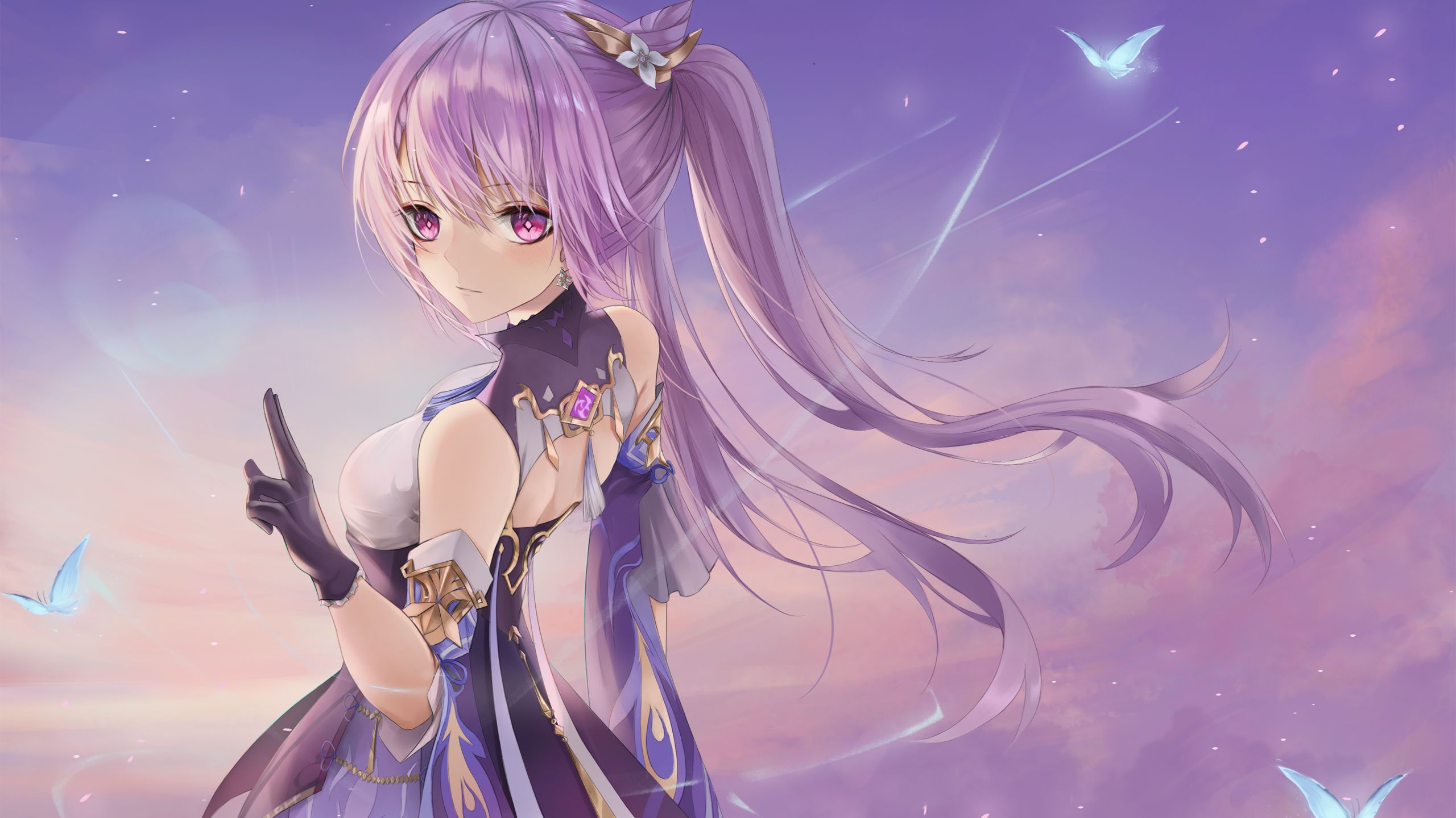 2560x1440 Keqing In Purple Background HD Genshin Impact Wallpaper