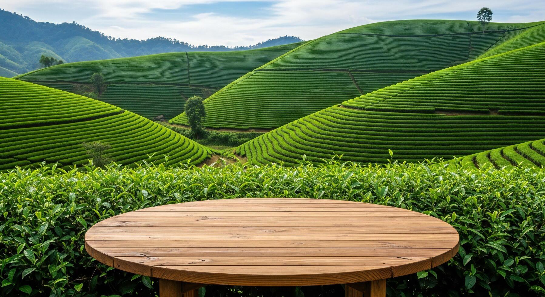 1797x980 Nature background, Nature wallpaper, Round wooden table set against a backdrop of vibrant green tea plantation terraces under a blue sky