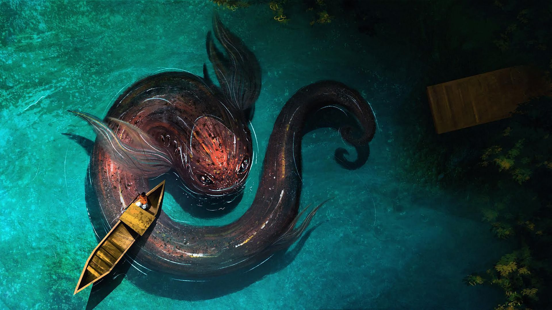 1920x1080 Desktop wallpaper: Fantasy, Sea Monster, Aerial, Boat, Creature 4K free download for PC. 896231