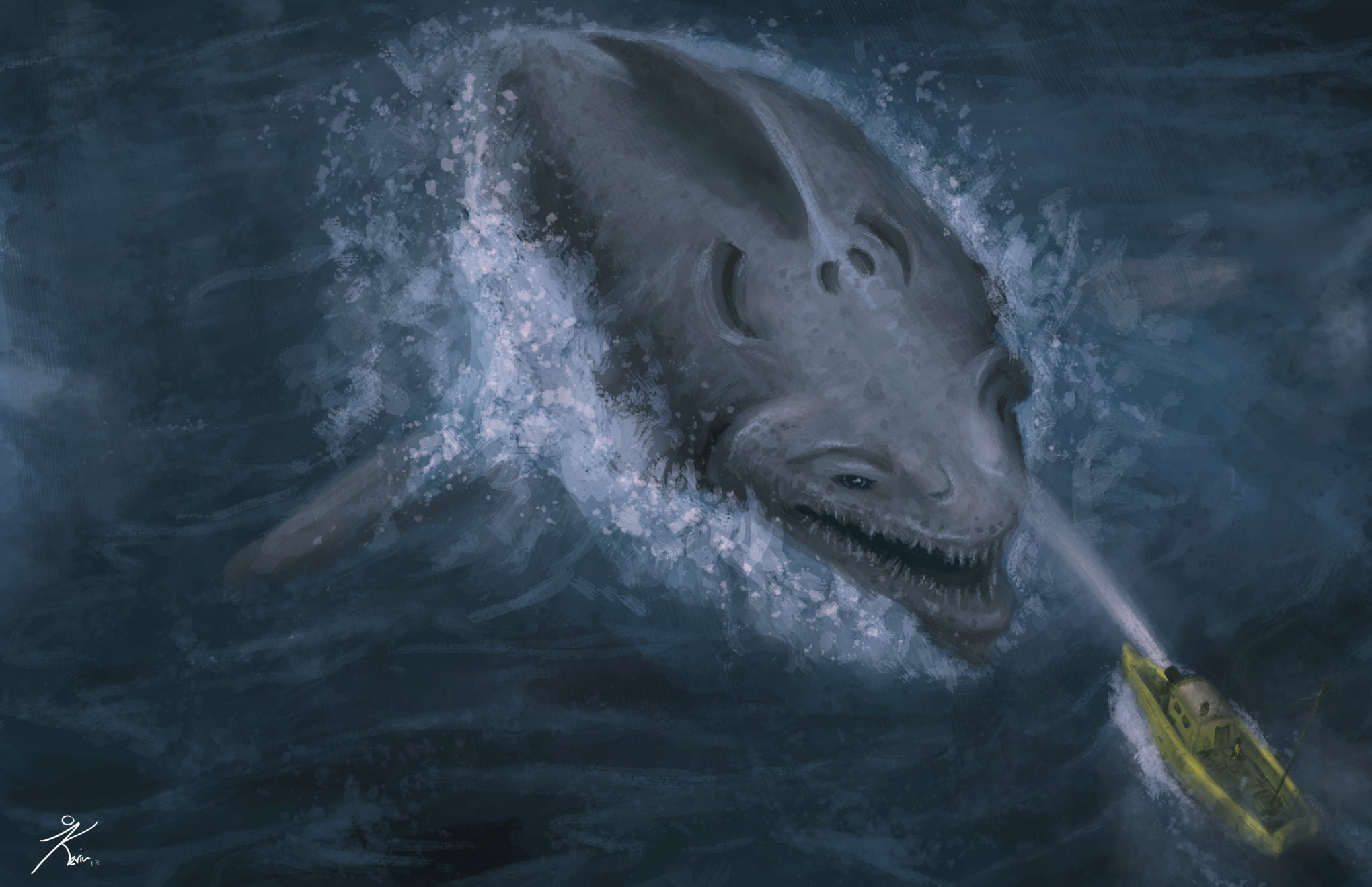 2040x1320 Sea monster painting, creature, sea, fish, boat HD wallpaper