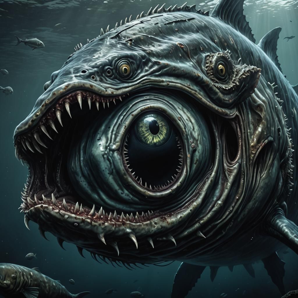1024x1024 Absolutely horrifying Bloop whale Julia piranha fish hybrid Sea monster Cryptid from the Mariana's trench looking at you the diver