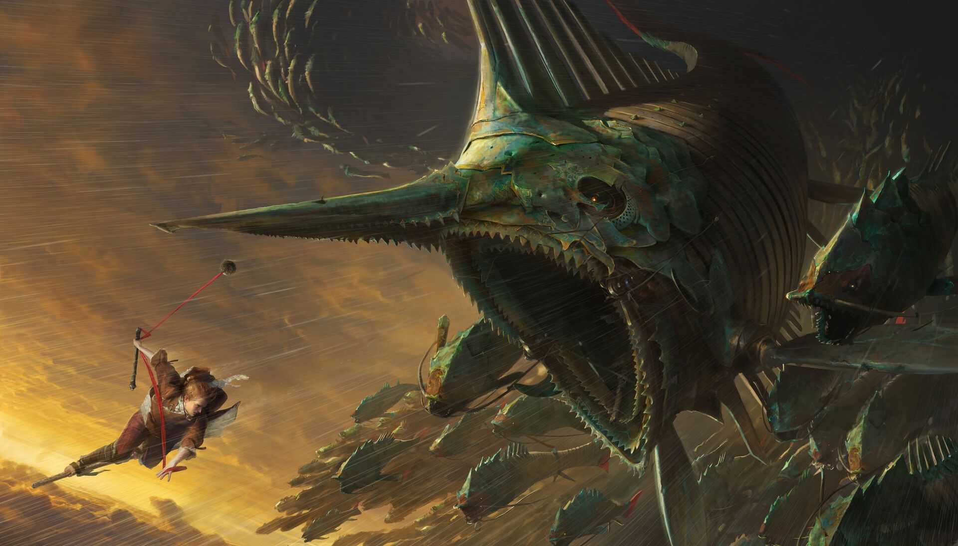 1920x1096 Phone wallpaper: Fantasy, Creature, Fish, Steampunk, Woman Warrior 966898