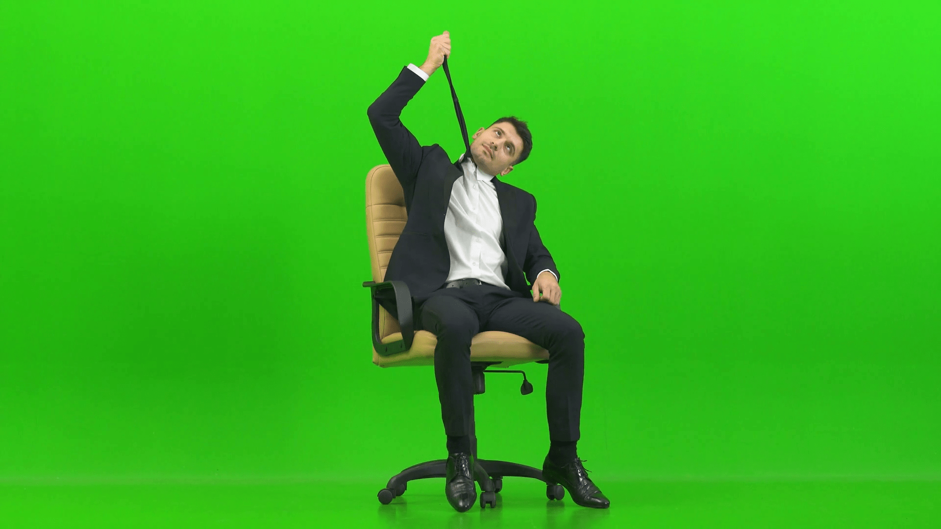 1920x1080 The tired man sitting on the office chair on the green background