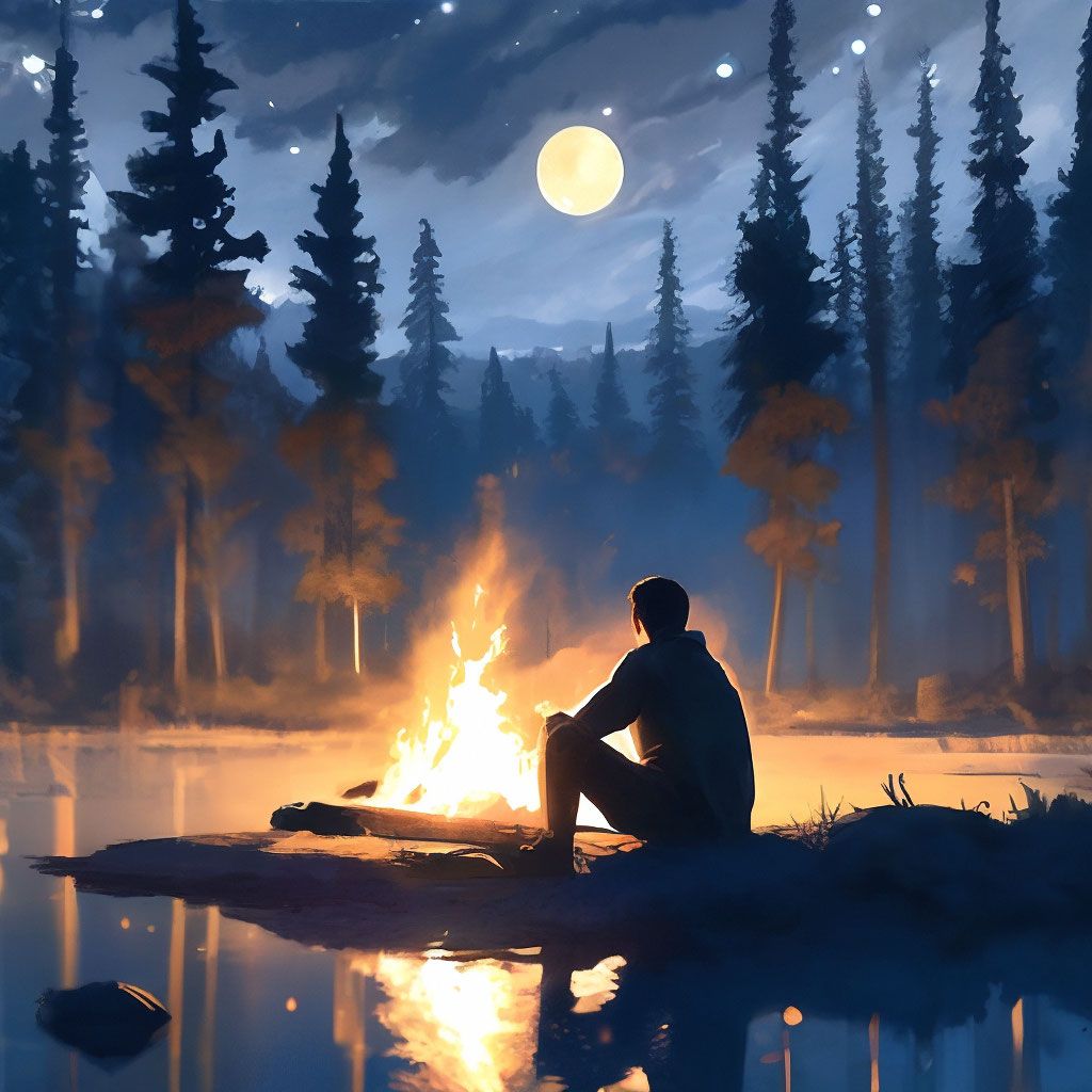 1024x1024 The silhouette of a tired man sitting by the campfire, a shower of sparks, a