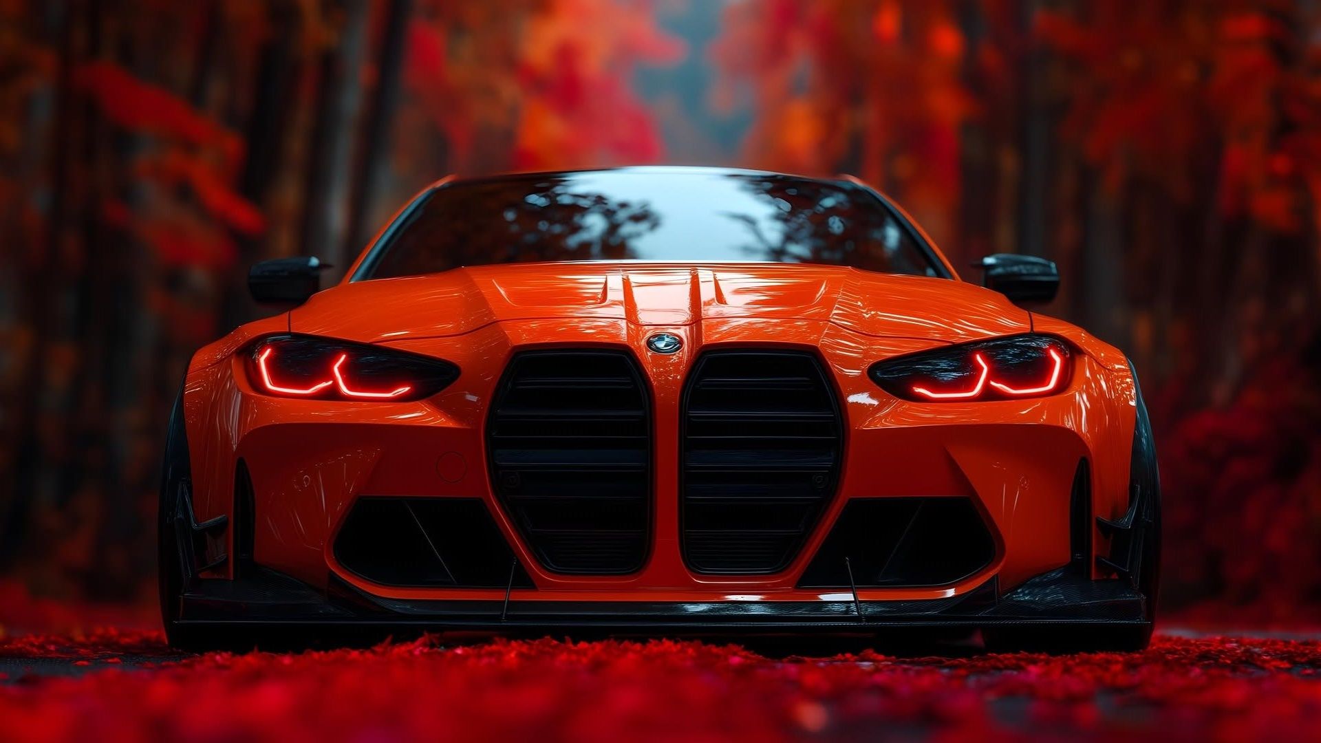 1920x1080 Red and Black BMW M4 Front View in Autumn Glow