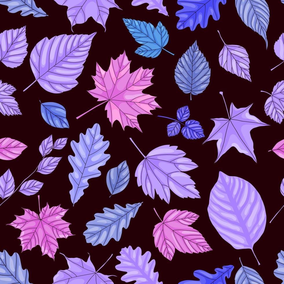 980x980 Autumn leaf seamless pattern. Violet, purple and pink tree leaves on dark background